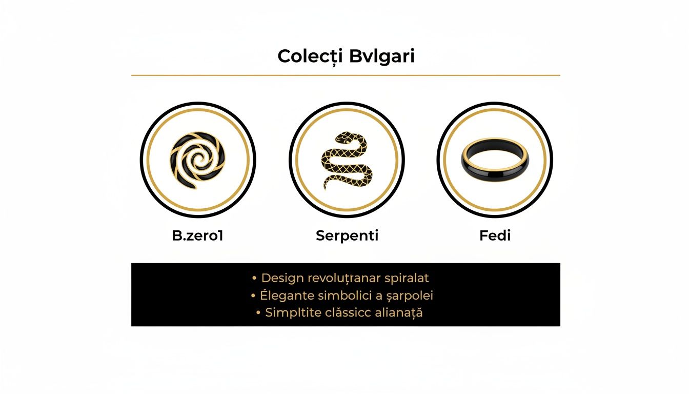 O imagine cu colecția Bvlgari, prezentând designul B.zero1, simbolul șarpelui Serpenti și inelul clasic Fedi.