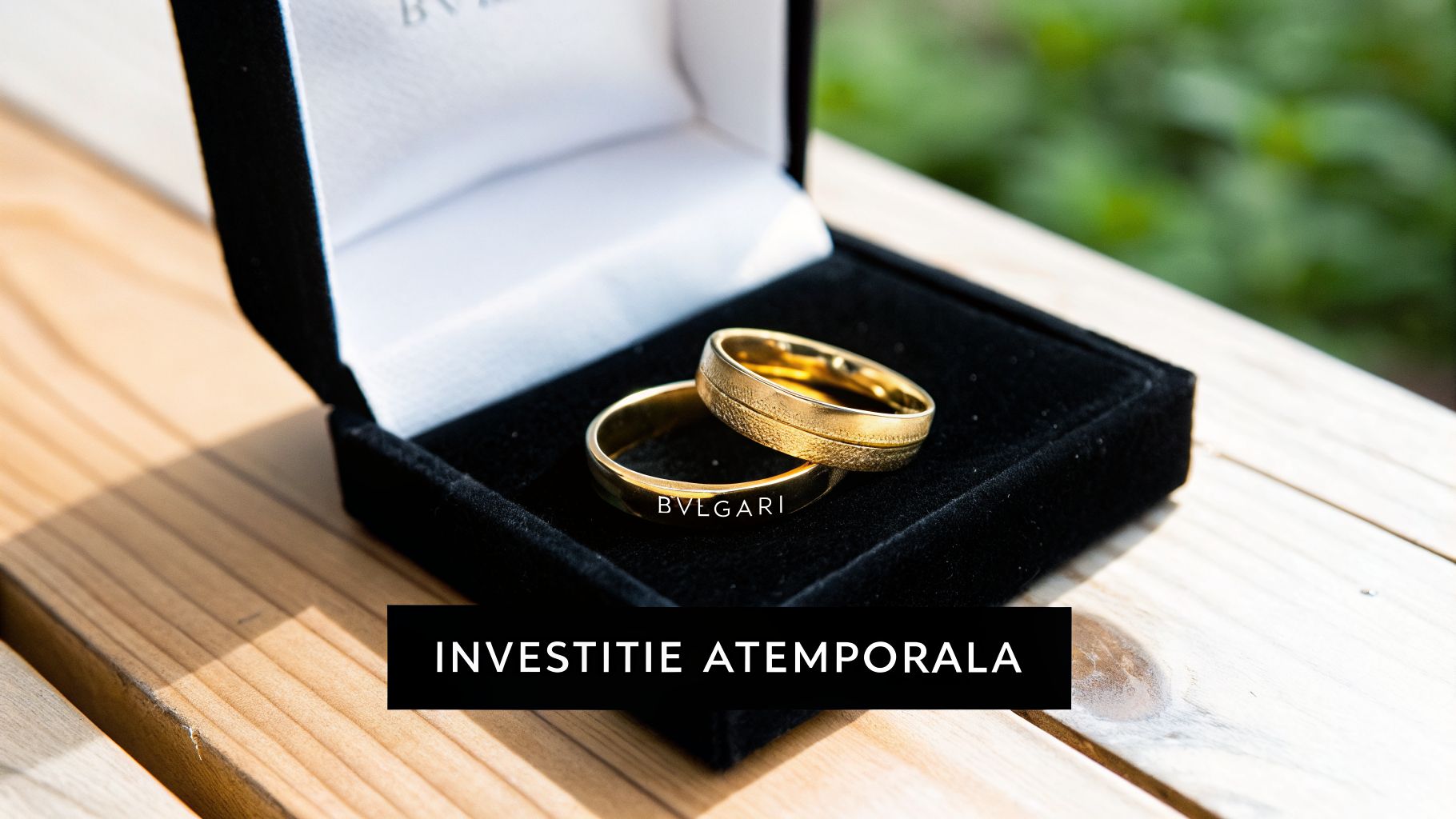 Două verighete aurii Bvlgari, una texturată, una netedă, într-o cutie neagră de catifea, pe o masă de lemn.