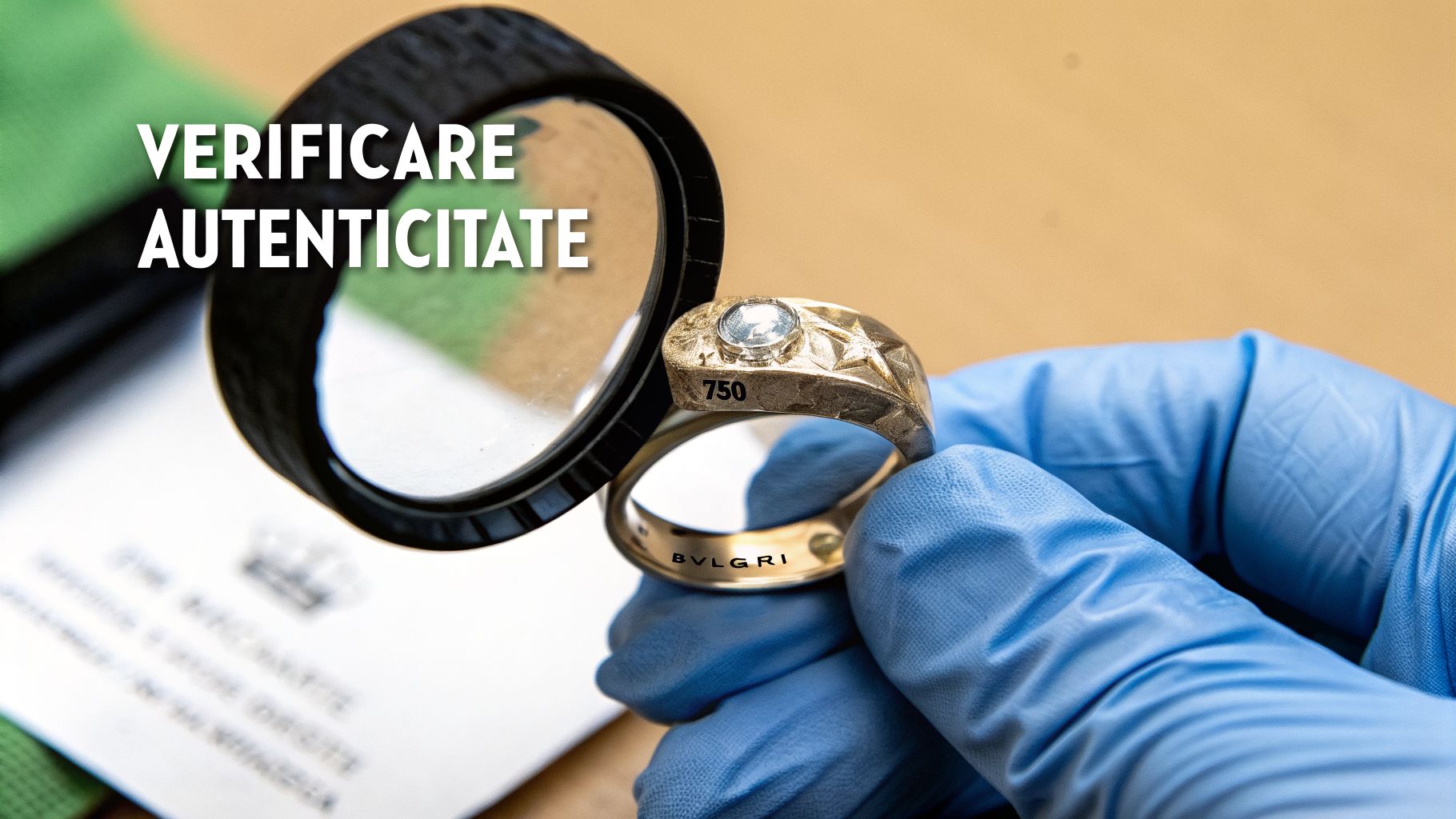 Mână înmănușată examinează o bijuterie aurie Bvlgari 750 sub lupă pentru verificare autenticitate.