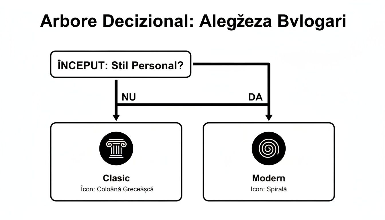 Diagramă arbore decizional Bvlgari, ghidând alegerea stilului personal: Clasic (coloană grecească) sau Modern (spirală).