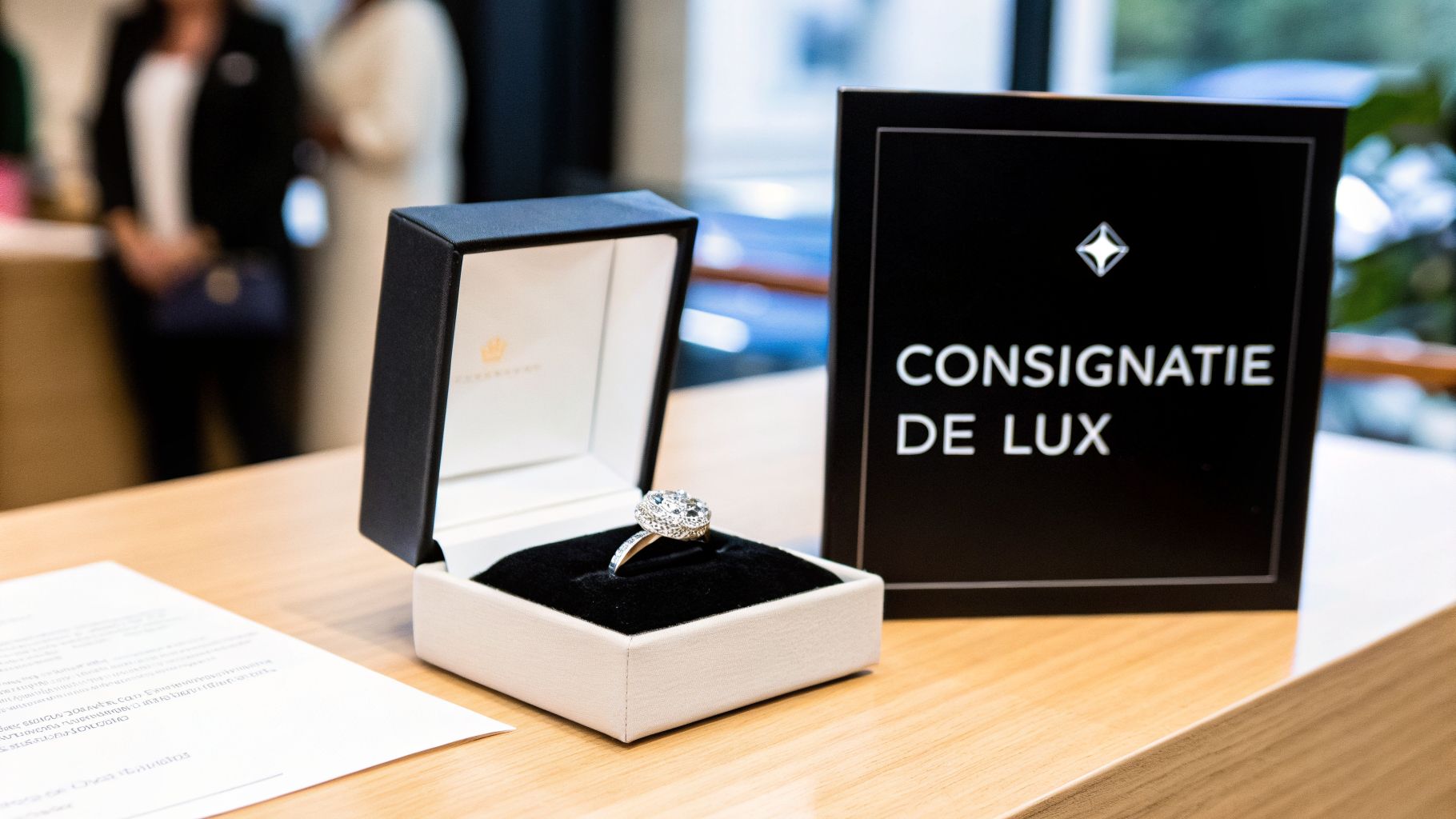 Un inel cu diamante strălucitor într-o cutie deschisă, alături de un semn „Consignație de Lux” pe o masă de lemn.