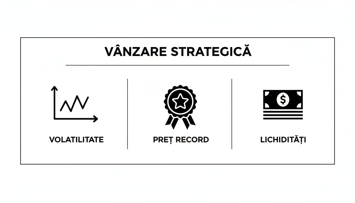 O imagine explicativă despre „Vânzare Strategică”, prezentând volatilitate, preț record și lichidități, ilustrate cu icoane.