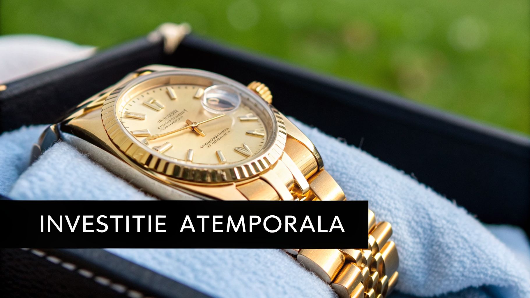 Un ceas Rolex de aur, elegant, într-o cutie, pe o cârpă albastră, cu textul 'Investiție atemporală'.