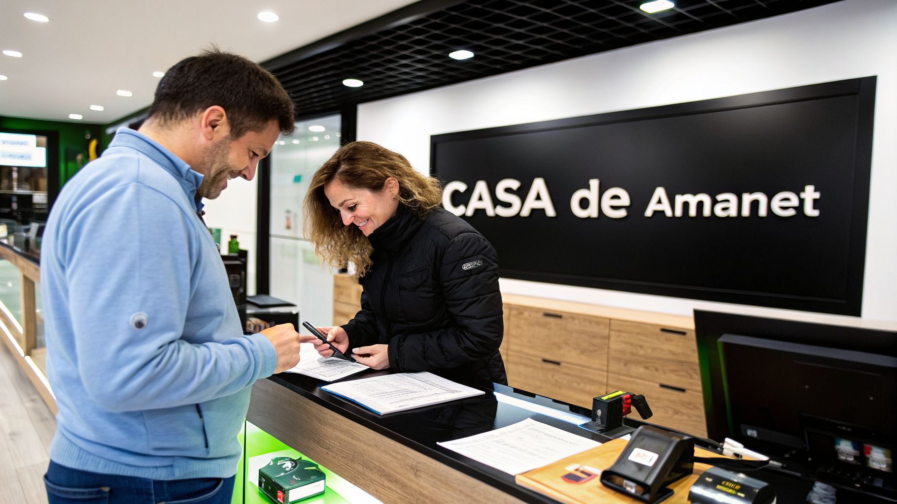 Doi oameni zâmbitori, un bărbat și o femeie, interacționează la un ghișeu, probabil într-un amanet, analizând documente.