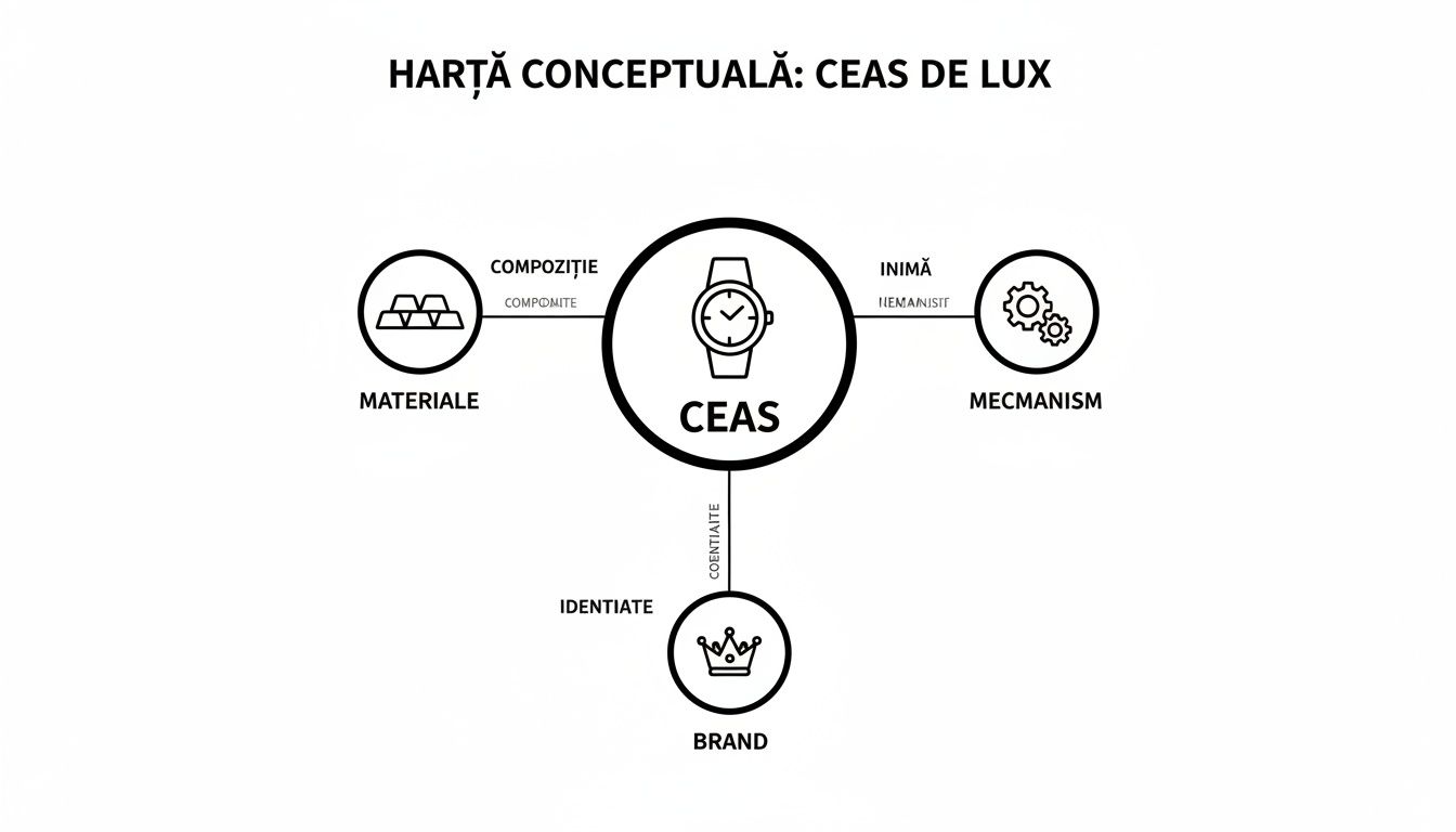 Hartă conceptuală ce ilustrează componentele esențiale ale unui ceas de lux: materiale, mecanism și brand.