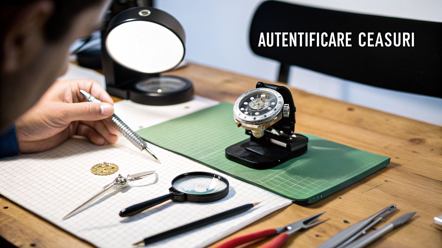 Mână de ceasornicar verificând componentele unui ceas, cu lupa și un text 'Autentificare Ceasuri'.