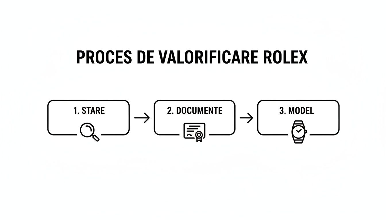 Procesul de valorificare Rolex, ilustrat prin trei pași cheie: starea, documentele și modelul ceasului.