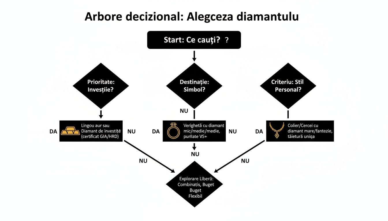 Arbore decizional interactiv pentru alegerea diamantului perfect, bazat pe priorități, destinație și stil personal.