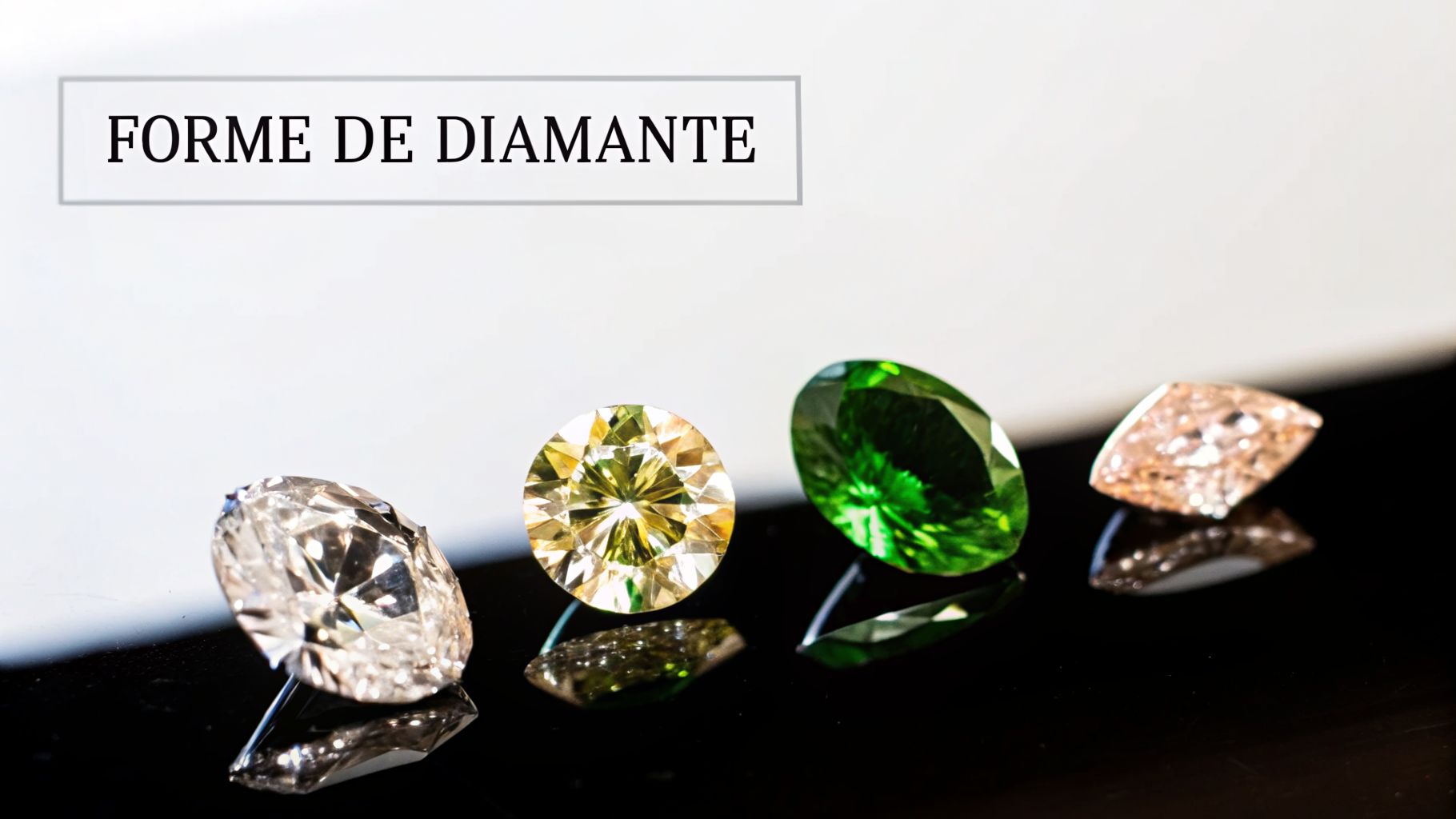 Diamante colorate de diferite forme și tăieturi, așezate pe o suprafață lucioasă, cu textul „FORME DE DIAMANTE”.