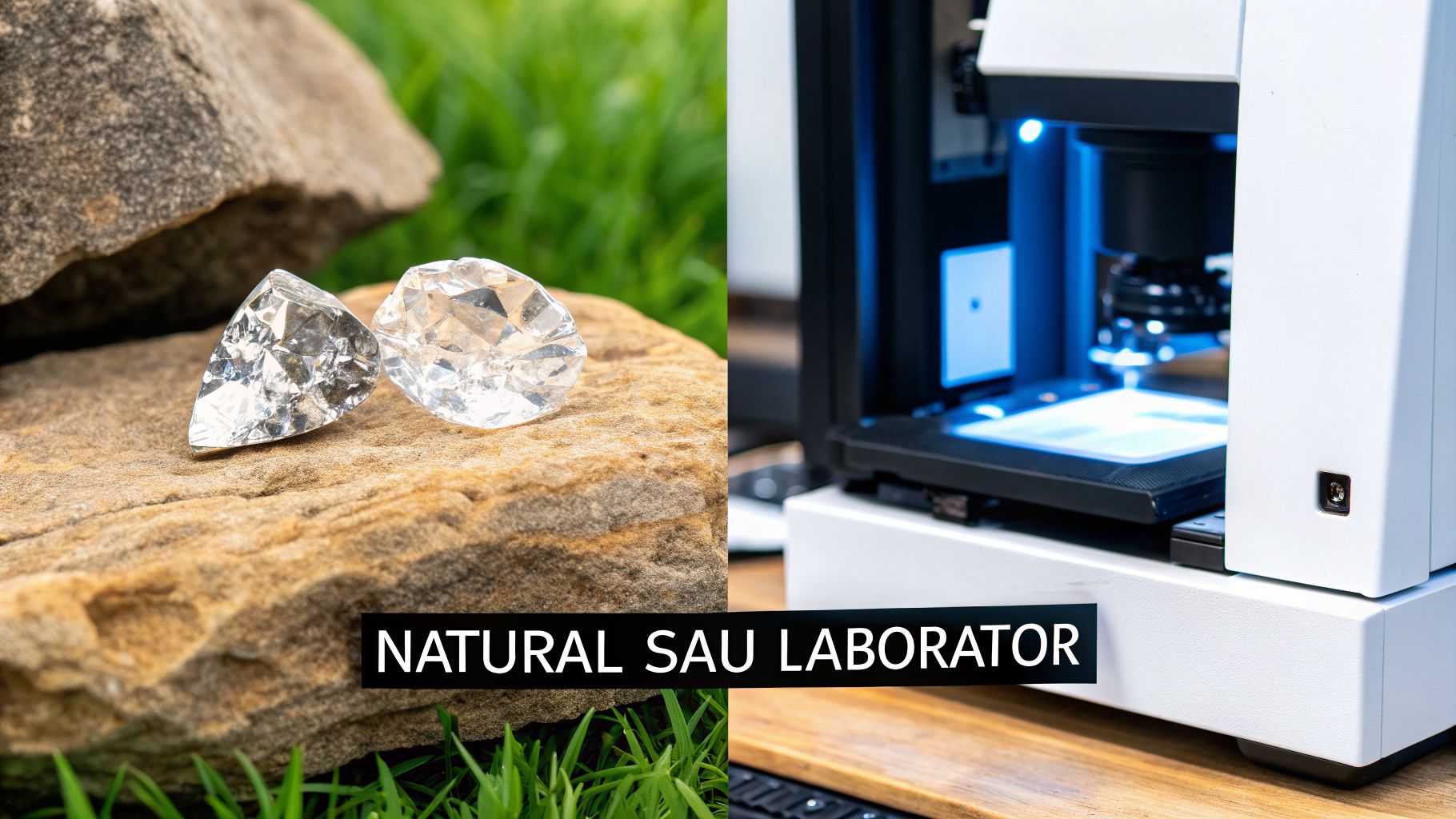 Imagine divizată: pietre prețioase în natură și un laborator modern. Text: NATURAL SAU LABORATOR.