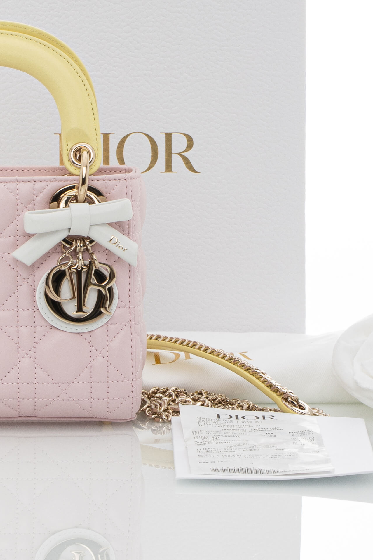 <span style="font-size: 10px;letter-spacing: .15em">NEW COLLECTION</span><br> <strong>DIOR</strong><br> <div style="margin-top:10px;font-size:16px">Lady Dior Mini Bag with Chain Lambskin Leather with Cannage Patern in Soft Pink Mimosa and White</div><br> - Image 3