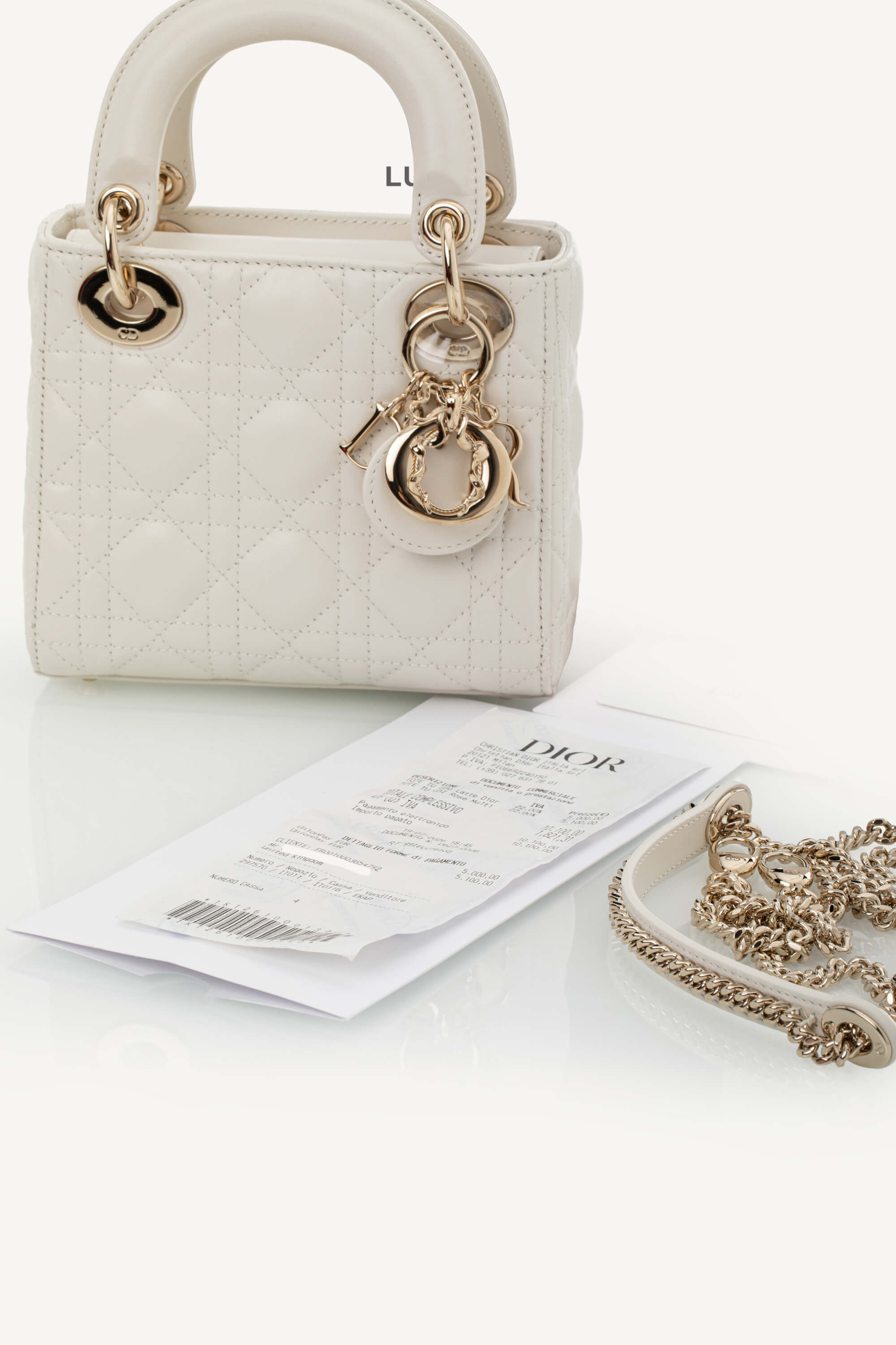 <span style="font-size: 10px;letter-spacing: .15em">NEW COLLECTION</span><br> <strong>DIOR</strong><br> <div style="margin-top:10px;font-size:16px">Mini Lady Dior Bag with Chain Latte Cannage Lambskin</div><br> - Image 3