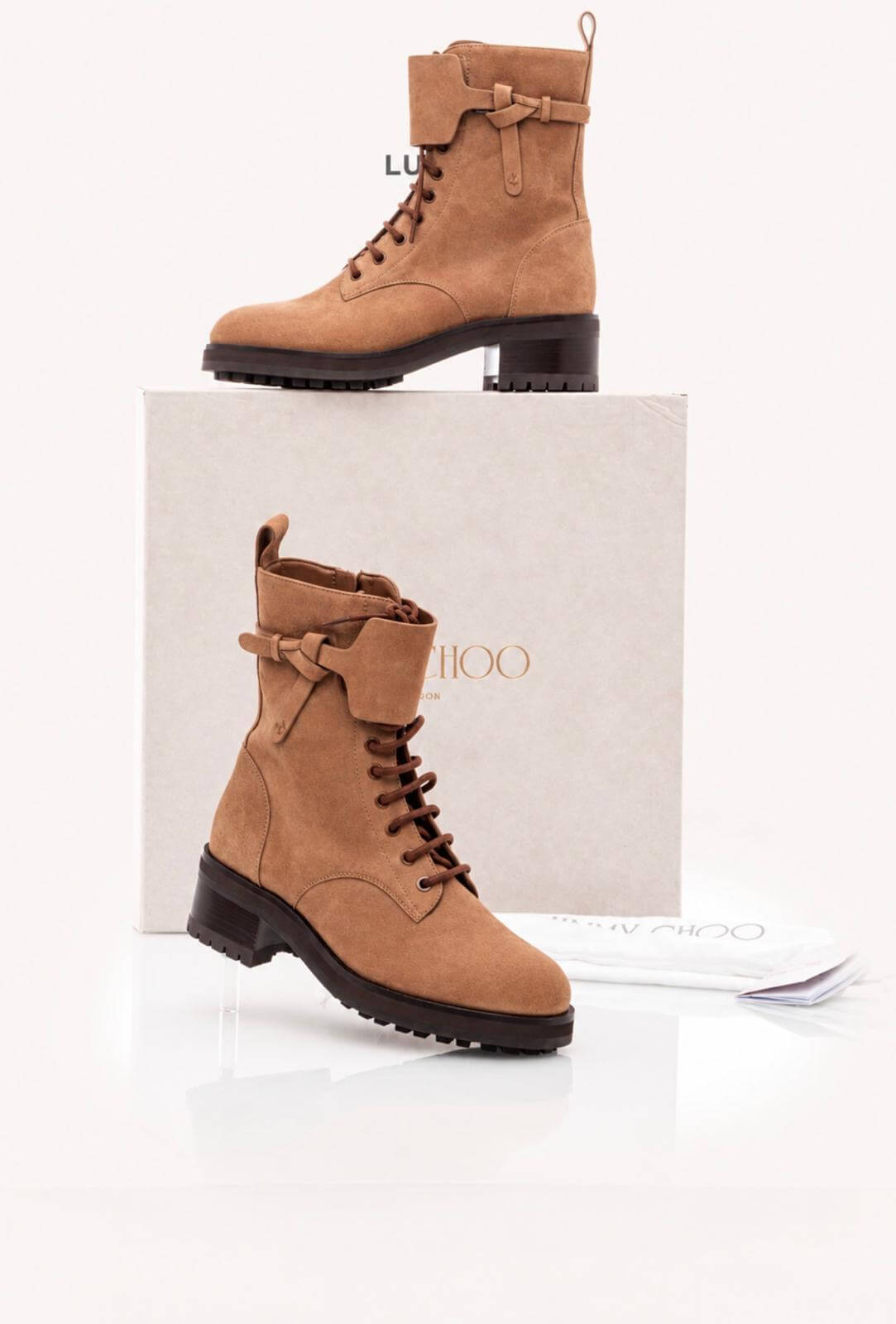 <span style="font-size: 10px;letter-spacing: .15em">BEST DEAL</span><br> <strong>JIMMY CHOO</strong><br> <div style="margin-top:10px;font-size:16px">Rosabel Suede Combat Boots Brown 38</div><br> - Image 2
