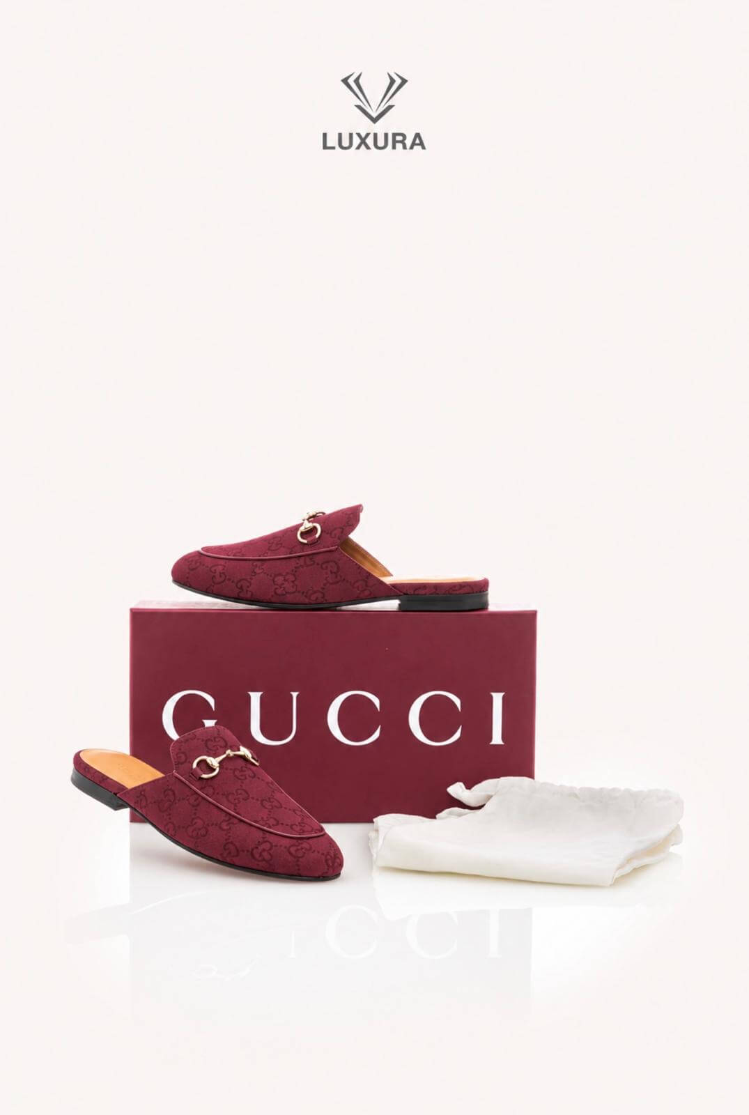 <span style="font-size: 10px;letter-spacing: .15em">BEST DEAL</span><br> <strong>GUCCI</strong><br> <div style="margin-top:10px;font-size:16px">GG Monogram Canvas Princetown Slippers Rosso Ancora 37</div><br> - Image 2