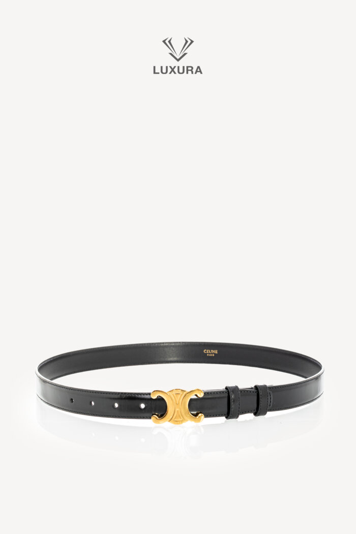 <span style="font-size: 10px;letter-spacing: .15em">HARD TO FIND</span><br>            <strong>CELINE</strong><br>            <div style="margin-top:10px;font-size:16px">Box Calfskin 25mm Triomphe Belt 85 Black</div><br>