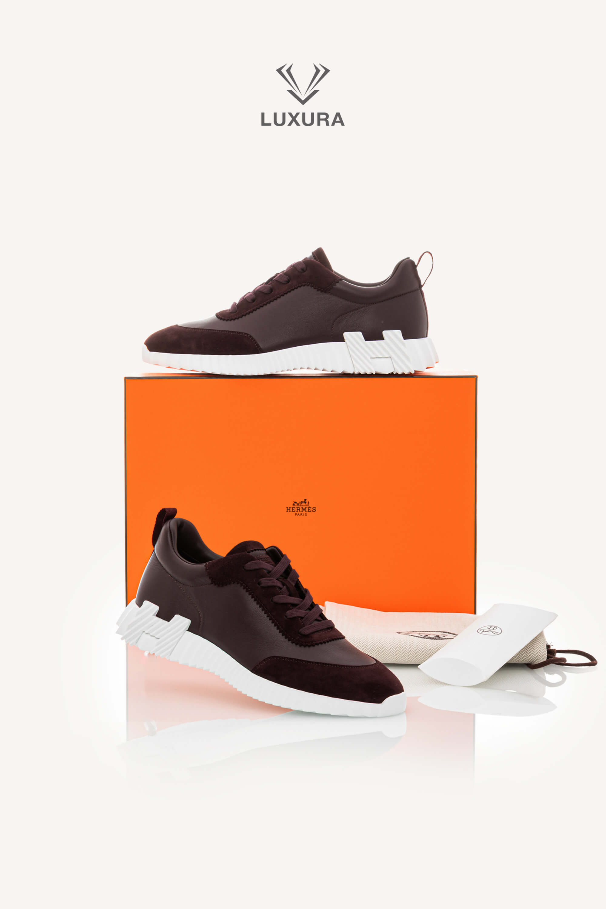 Set complet | HERMES Bouncing Sneaker in Calfskin and Suede Goatskin Bordeaux 42