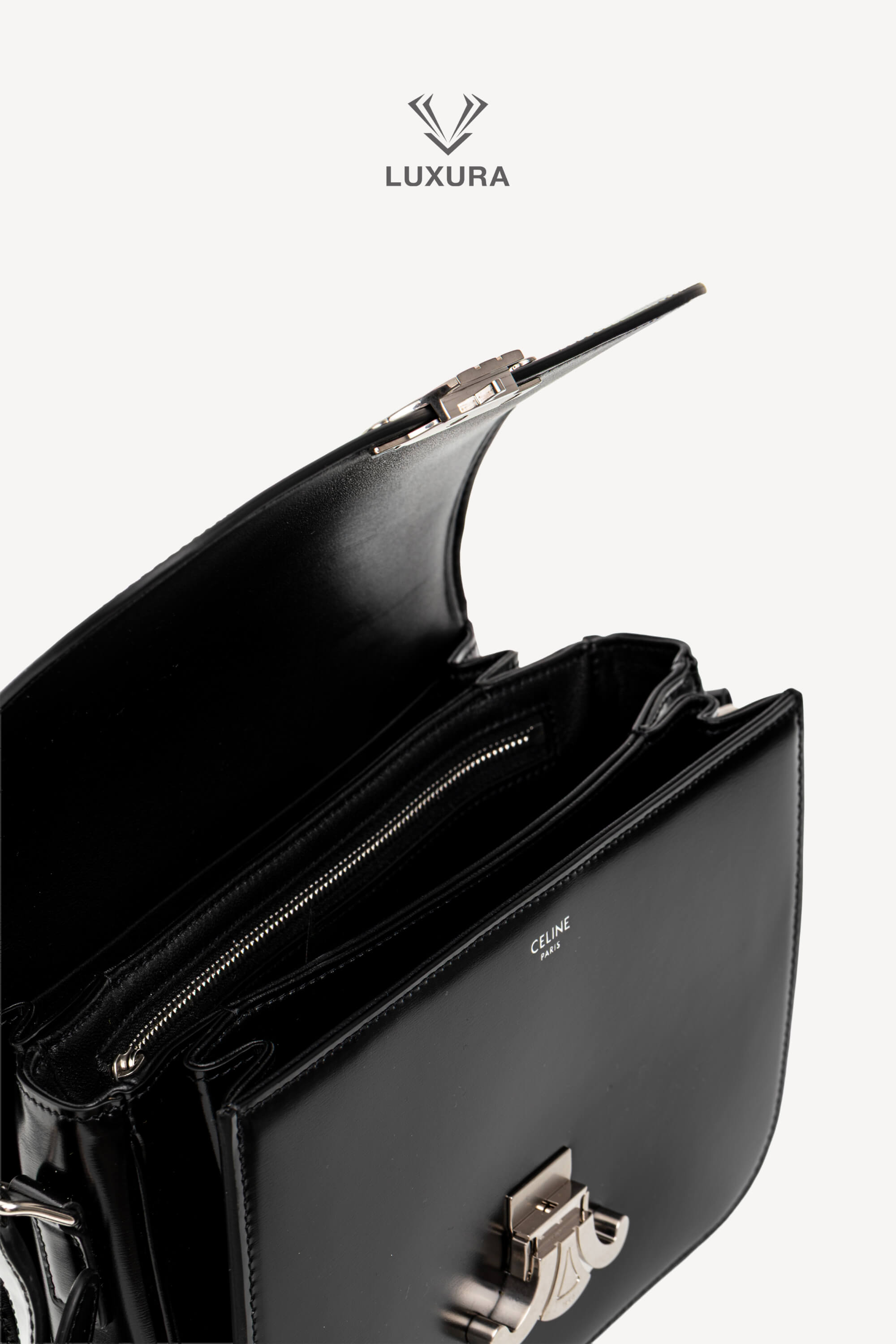 <span style="font-size: 10px;letter-spacing: .15em">BEST DEAL</span><br> <strong>CELINE</strong><br> <div style="margin-top:10px;font-size:16px">Classique Triomphe Bag In Shiny Calfskin Black</div><br> - Image 10