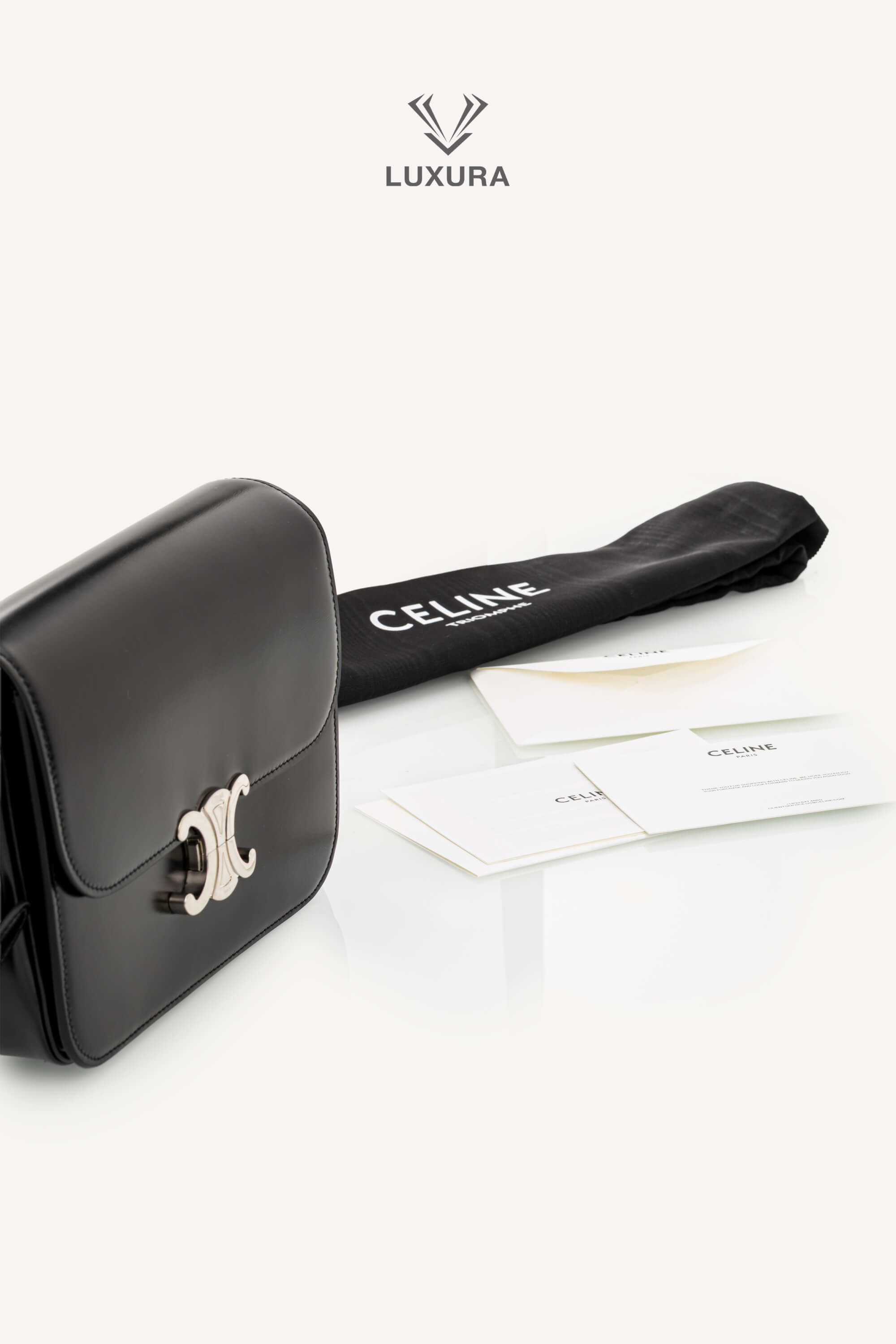 <span style="font-size: 10px;letter-spacing: .15em">BEST DEAL</span><br> <strong>CELINE</strong><br> <div style="margin-top:10px;font-size:16px">Classique Triomphe Bag In Shiny Calfskin Black</div><br> - Image 6