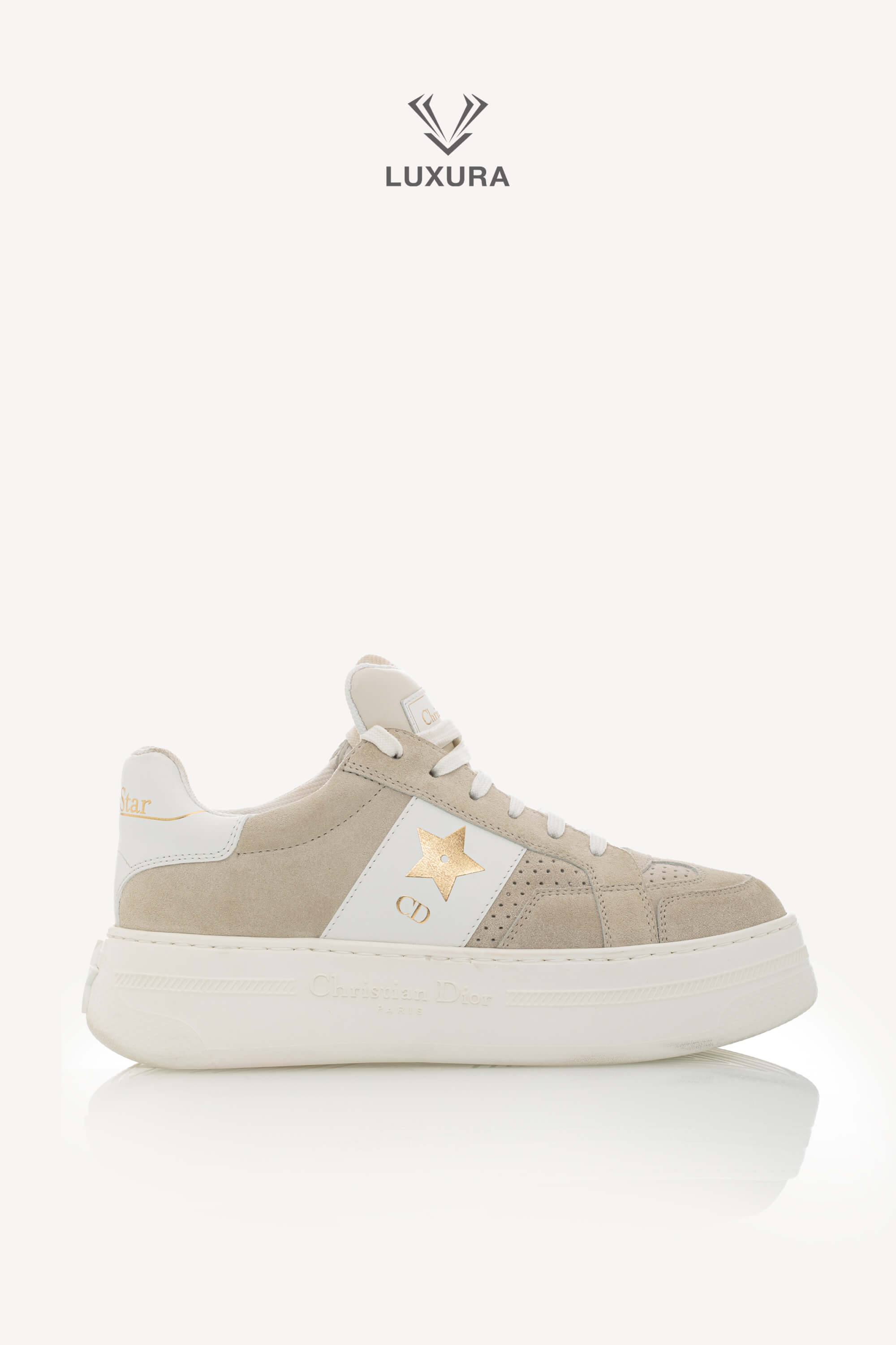 <span style="font-size: 10px;letter-spacing: .15em">HARD TO FIND</span><br> <strong>CHRISTIAN DIOR</strong><br> <div style="margin-top:10px;font-size:16px">Suede Calfskin Dior Star Platform Sneaker Light Beige 36.5</div><br>