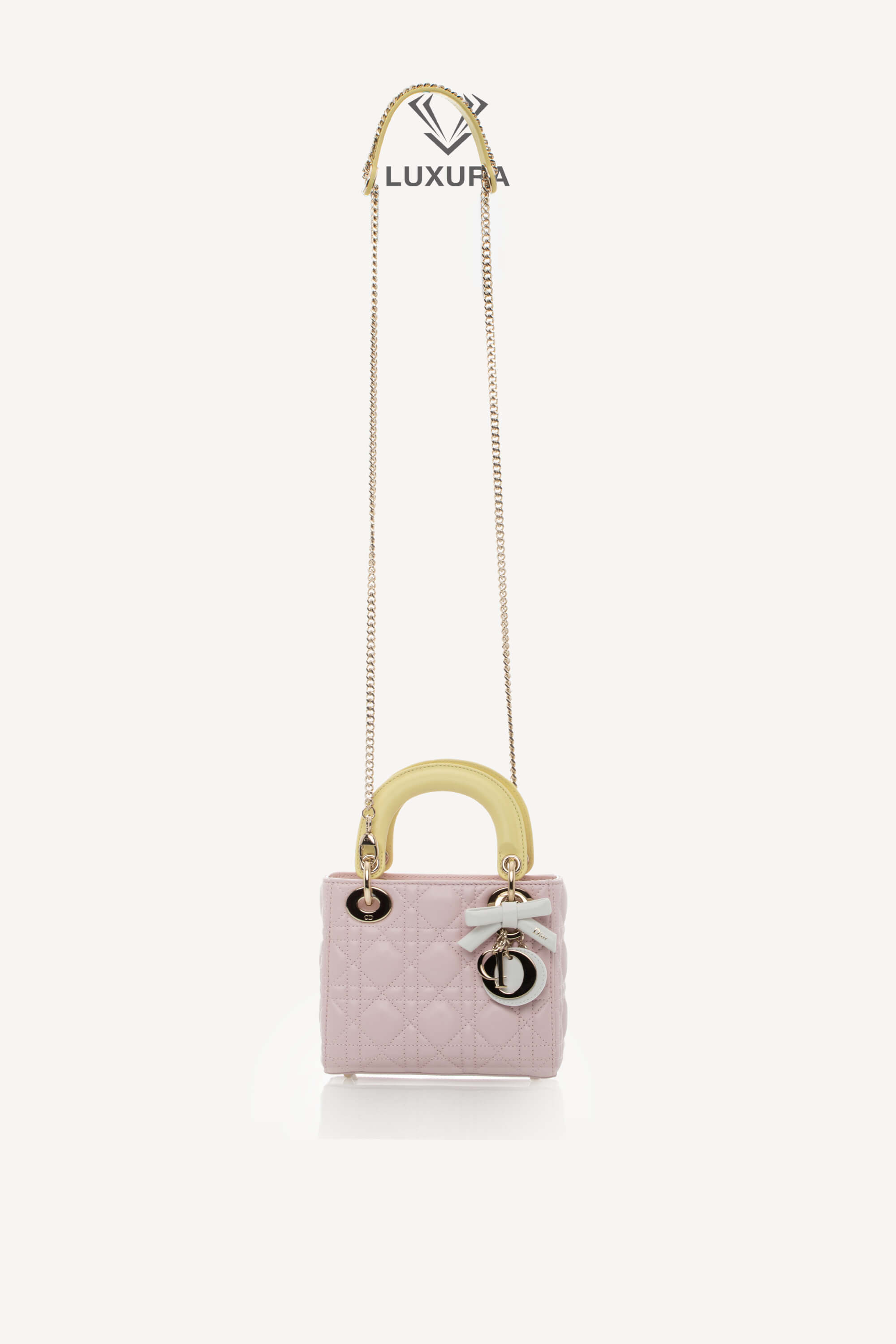 <span style="font-size: 10px;letter-spacing: .15em">NEW COLLECTION</span><br> <strong>DIOR</strong><br> <div style="margin-top:10px;font-size:16px">Lady Dior Mini Bag with Chain Lambskin Leather with Cannage Patern in Soft Pink Mimosa and White</div><br> - Image 10