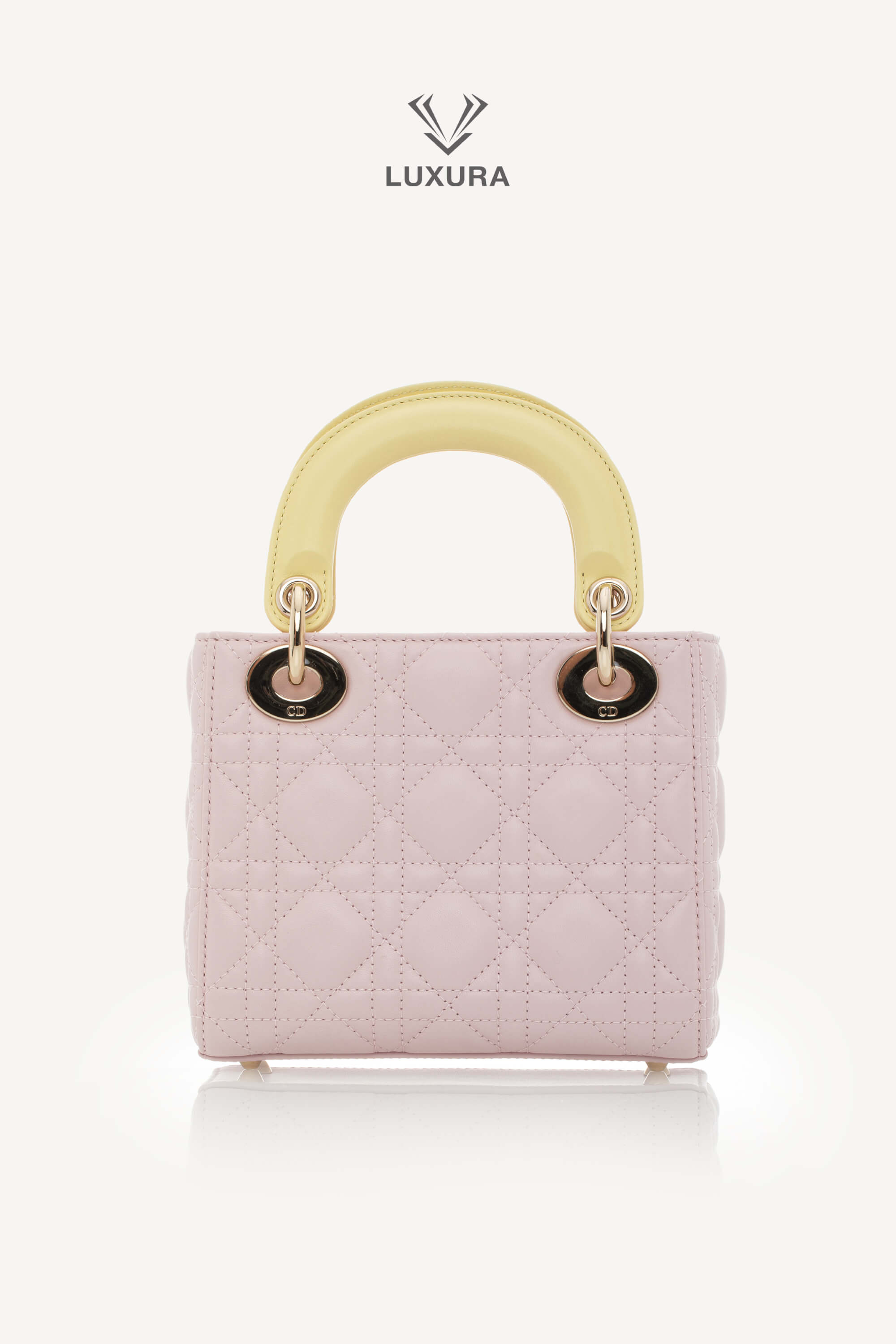 <span style="font-size: 10px;letter-spacing: .15em">NEW COLLECTION</span><br> <strong>DIOR</strong><br> <div style="margin-top:10px;font-size:16px">Lady Dior Mini Bag with Chain Lambskin Leather with Cannage Patern in Soft Pink Mimosa and White</div><br> - Image 9