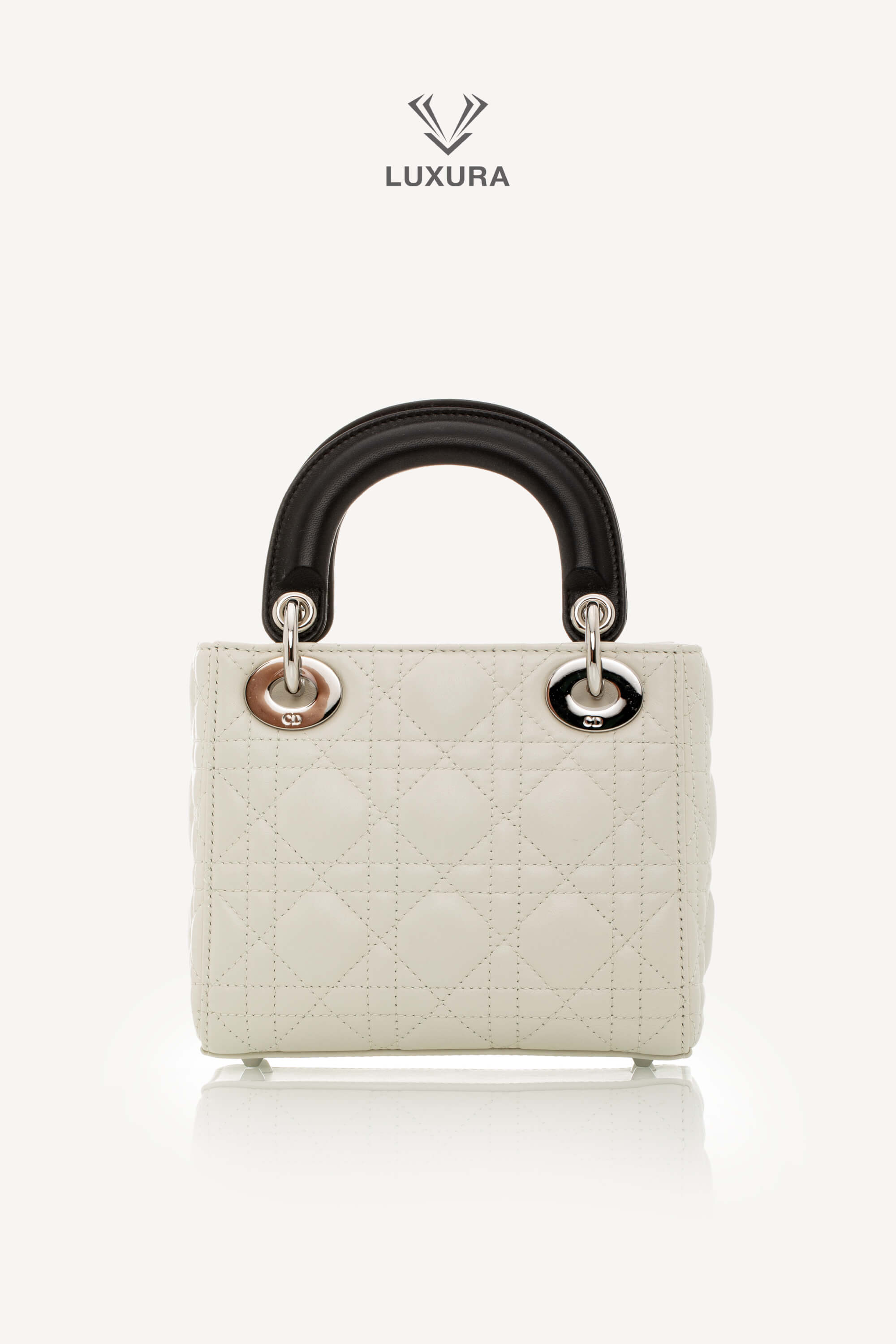 <span style="font-size: 10px;letter-spacing: .15em">NEW COLLECTION</span><br> <strong>DIOR</strong><br> <div style="margin-top:10px;font-size:16px">Mini Lady Dior Bag with Chain Two-Tone Latte and Black Cannage Lambskin</div><br> - Image 7