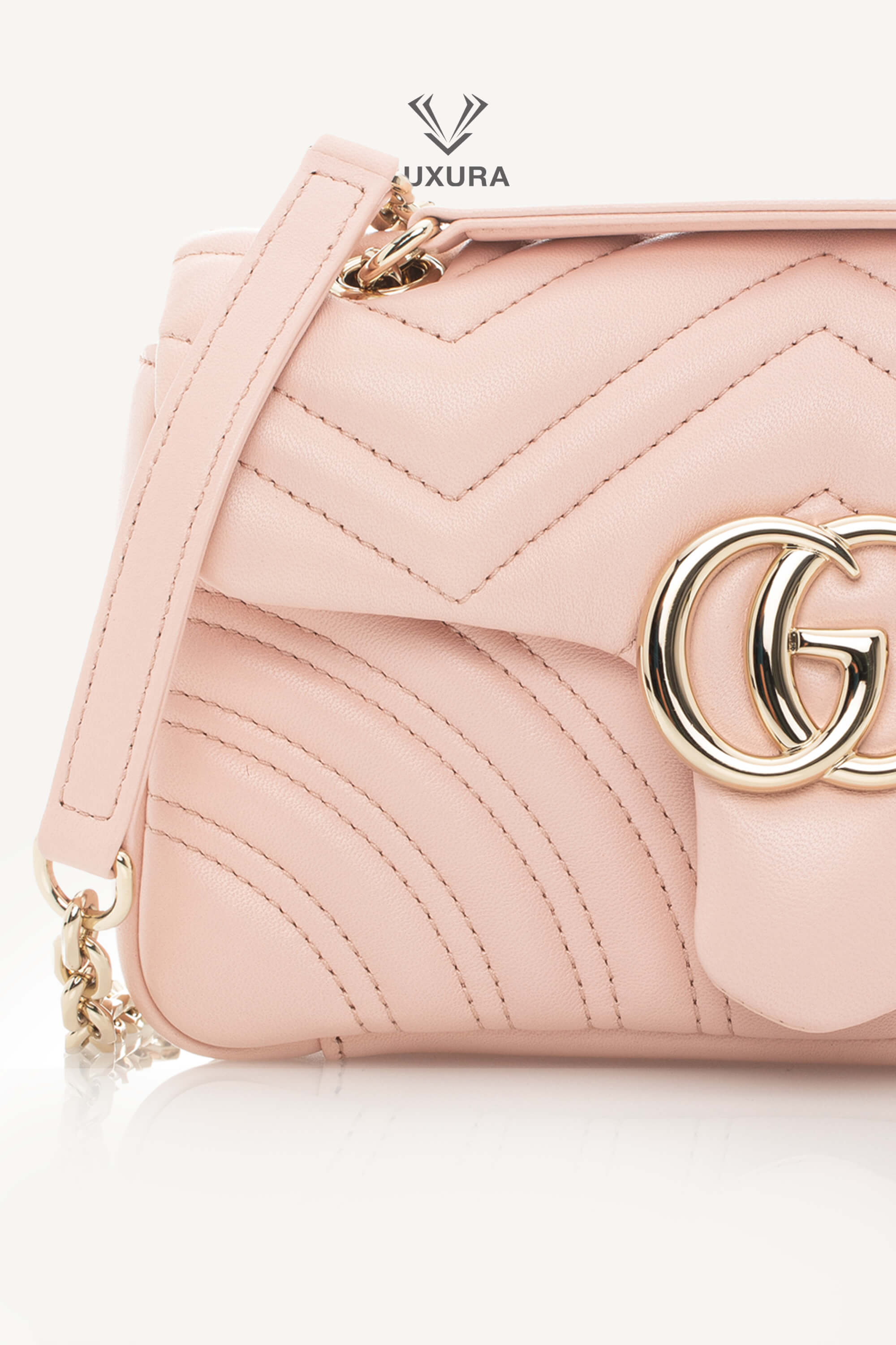 <span style="font-size: 10px;letter-spacing: .15em">NEW COLLECTION</span><br> <strong>GUCCI</strong><br> <div style="margin-top:10px;font-size:16px">Marmont Small Shoulder Bag Light Pink Skin</div><br> - Image 10