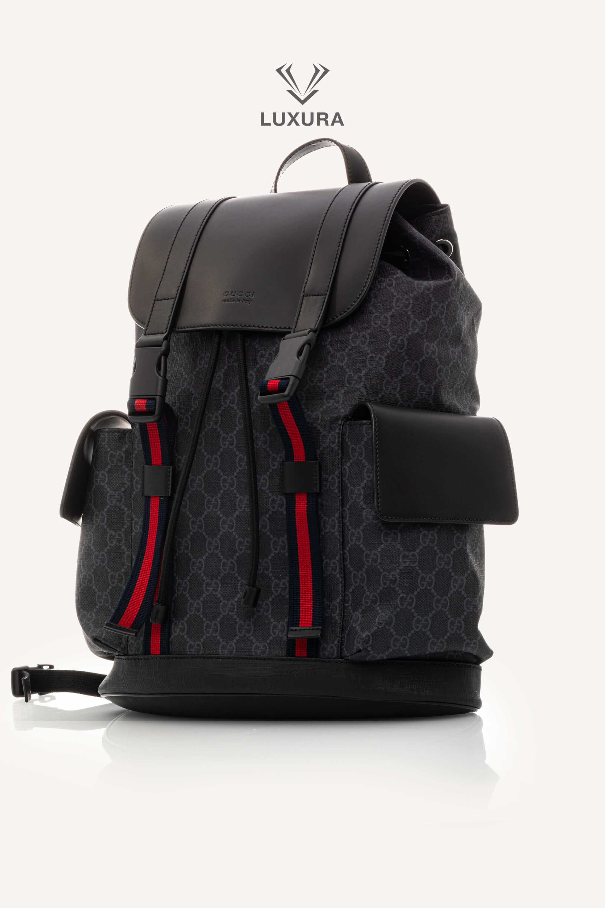 <span style="font-size: 10px;letter-spacing: .15em">BEST DEAL</span><br> <strong>GUCCI</strong><br> <div style="margin-top:10px;font-size:16px">Soft GG Supreme Monogram Calfskin Web Double Buckle Backpack Black</div><br> - Image 2