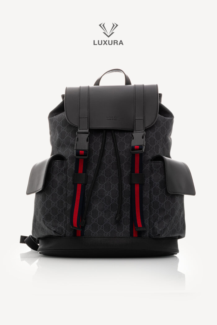 <span style="font-size: 10px;letter-spacing: .15em">BEST DEAL</span><br>            <strong>GUCCI</strong><br>            <div style="margin-top:10px;font-size:16px">Soft GG Supreme Monogram Calfskin Web Double Buckle Backpack Black</div><br>