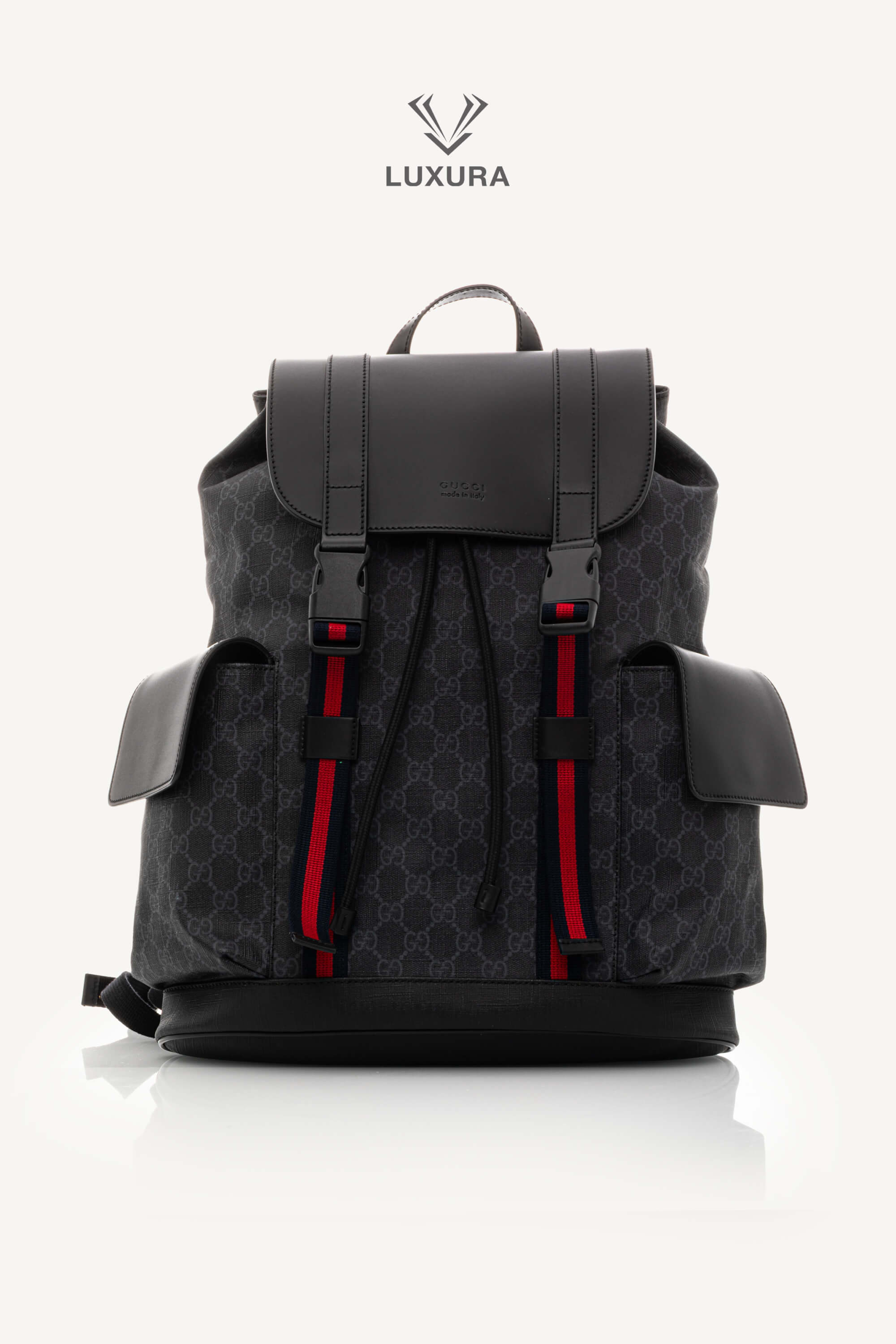 <span style="font-size: 10px;letter-spacing: .15em">BEST DEAL</span><br> <strong>GUCCI</strong><br> <div style="margin-top:10px;font-size:16px">Soft GG Supreme Monogram Calfskin Web Double Buckle Backpack Black</div><br>