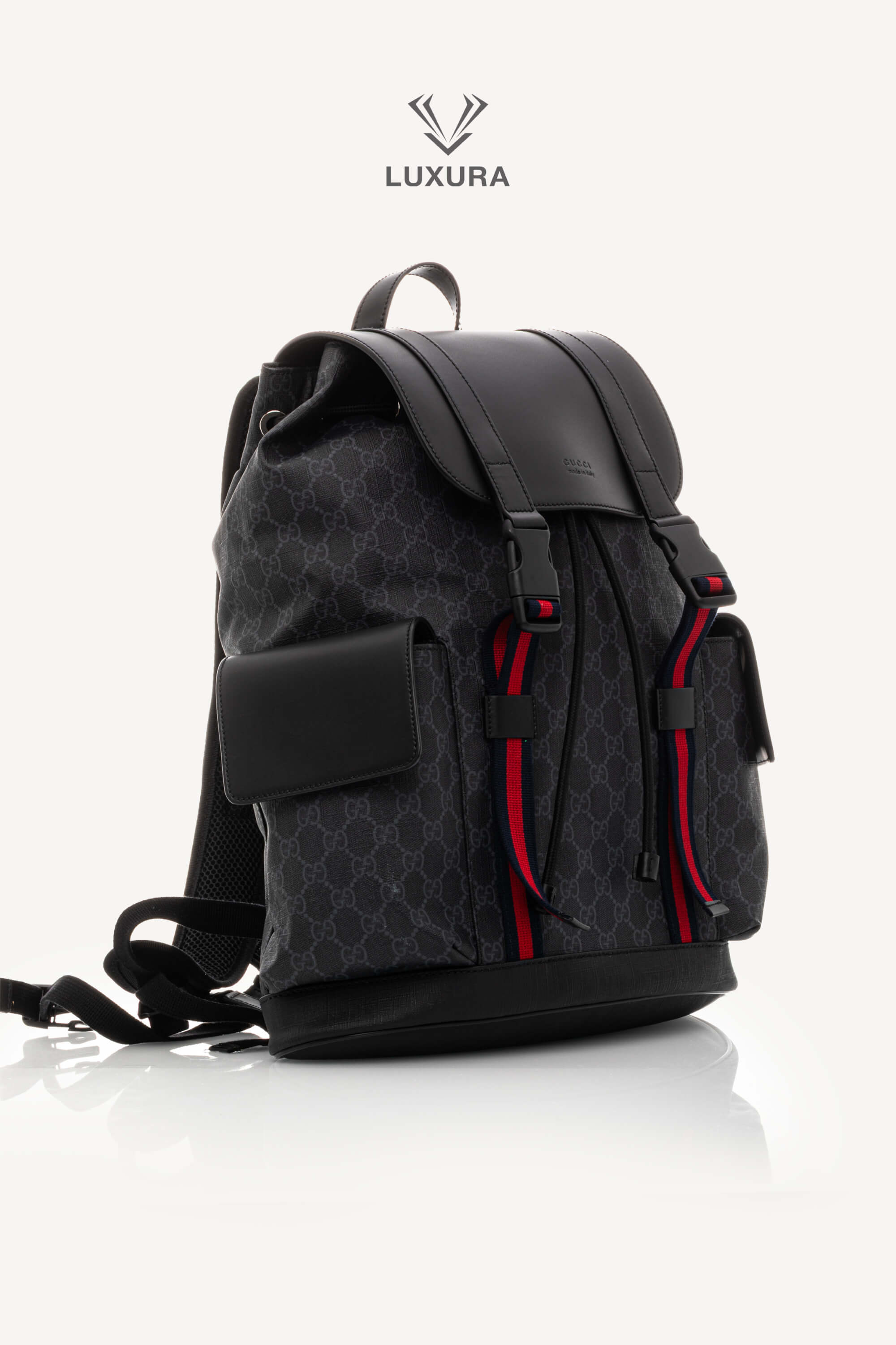 <span style="font-size: 10px;letter-spacing: .15em">BEST DEAL</span><br> <strong>GUCCI</strong><br> <div style="margin-top:10px;font-size:16px">Soft GG Supreme Monogram Calfskin Web Double Buckle Backpack Black</div><br> - Image 26