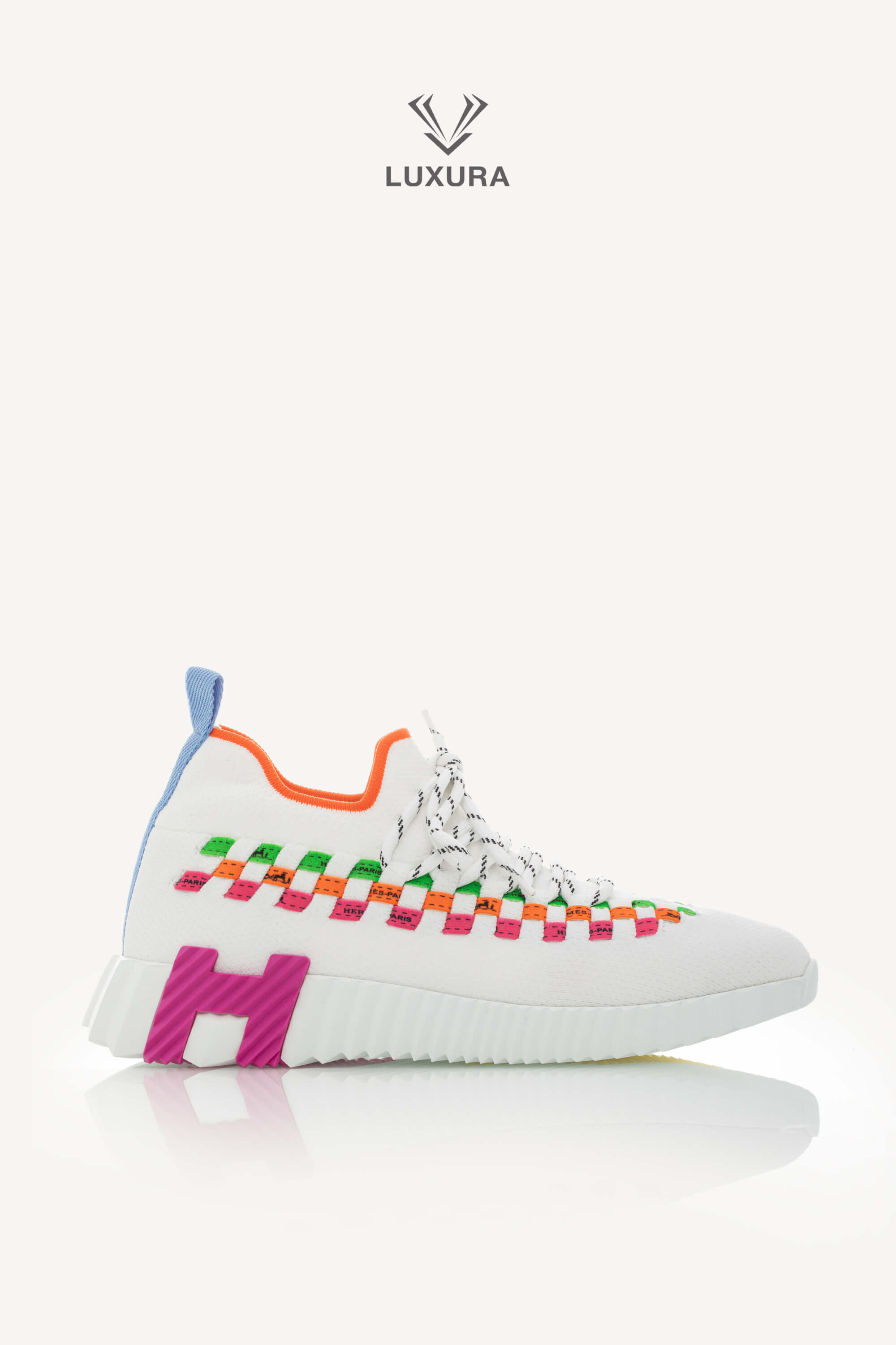 <span style="font-size: 10px;letter-spacing: .15em">HARD TO FIND</span><br>            <strong>HERMES</strong><br>            <div style="margin-top:10px;font-size:16px">Knit Flex Boldus Sneakers Multicolor White 37</div><br>