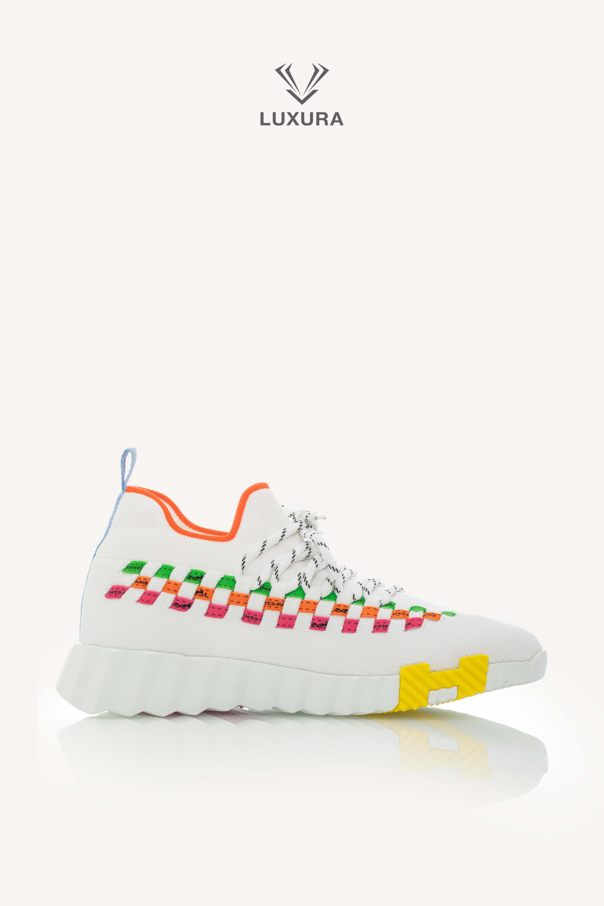 <span style="font-size: 10px;letter-spacing: .15em">HARD TO FIND</span><br>            <strong>HERMES</strong><br>            <div style="margin-top:10px;font-size:16px">Knit Flex Boldus Sneakers Multicolor White 37</div><br> - Image 6