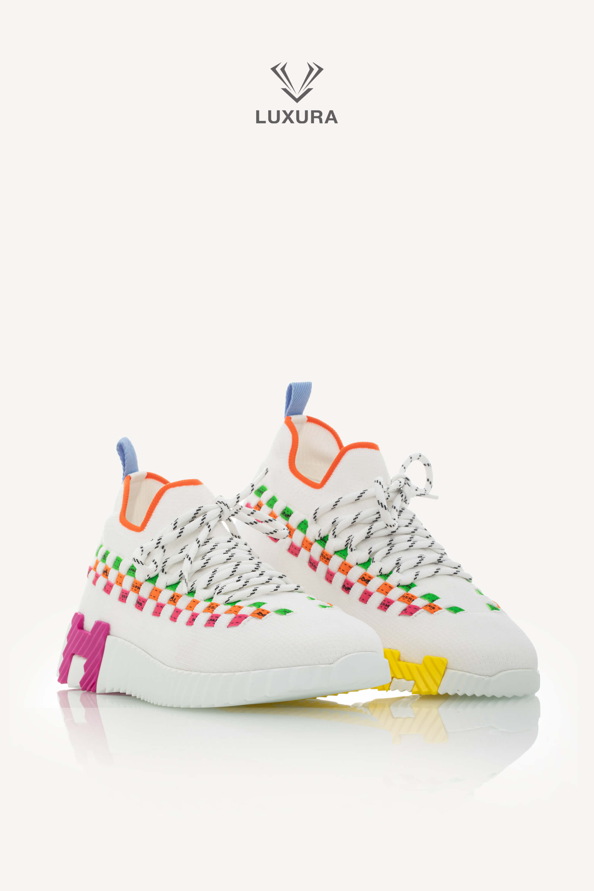 <span style="font-size: 10px;letter-spacing: .15em">HARD TO FIND</span><br>            <strong>HERMES</strong><br>            <div style="margin-top:10px;font-size:16px">Knit Flex Boldus Sneakers Multicolor White 37</div><br> - Image 4