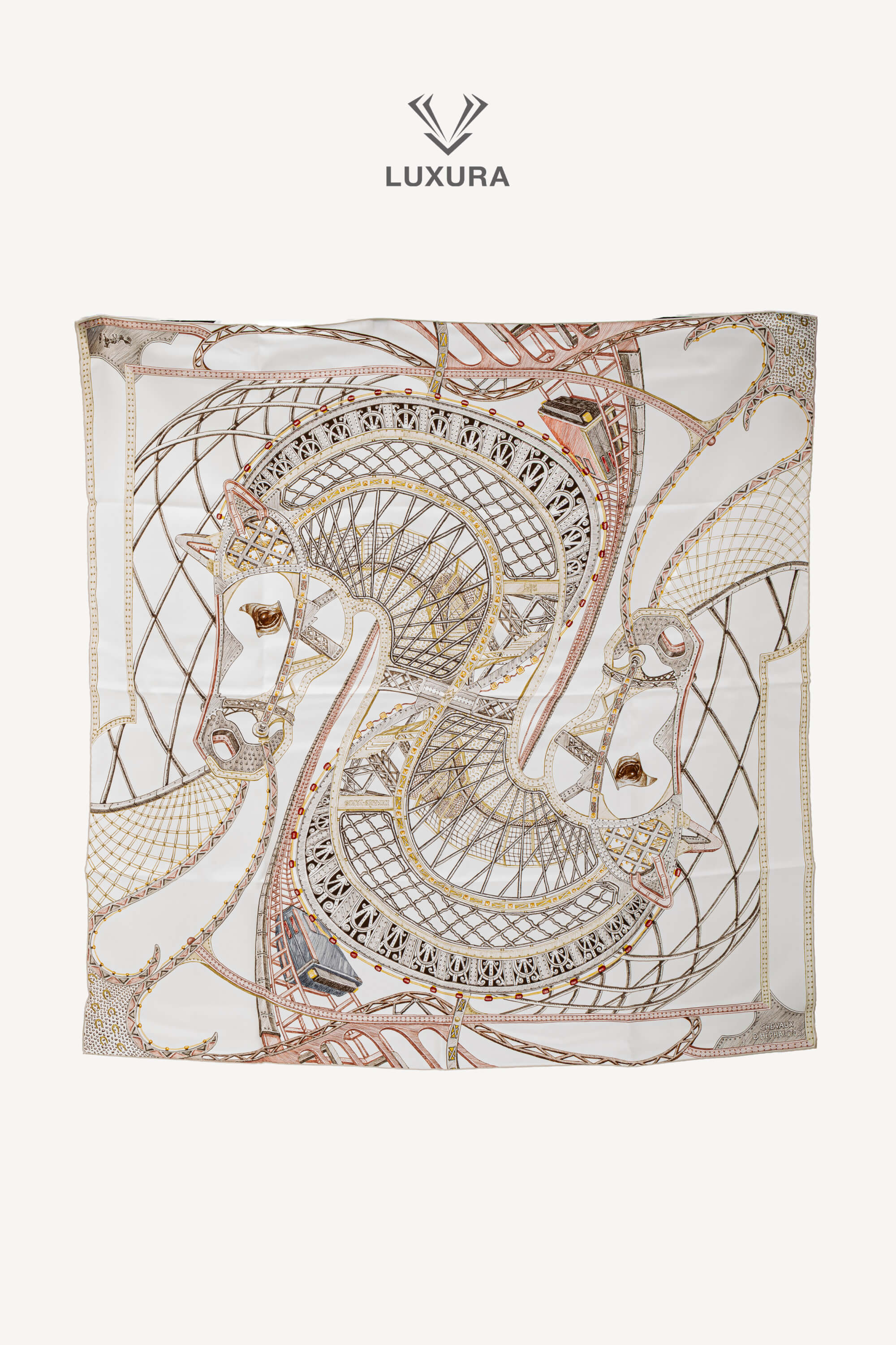 <span style="font-size: 10px;letter-spacing: .15em">HARD TO FIND</span><br> <strong>HERMES</strong><br> <div style="margin-top:10px;font-size:16px">Chevaux d'Hephaistos scarf 90 Blanc Bronze Bois De Rose</div><br>