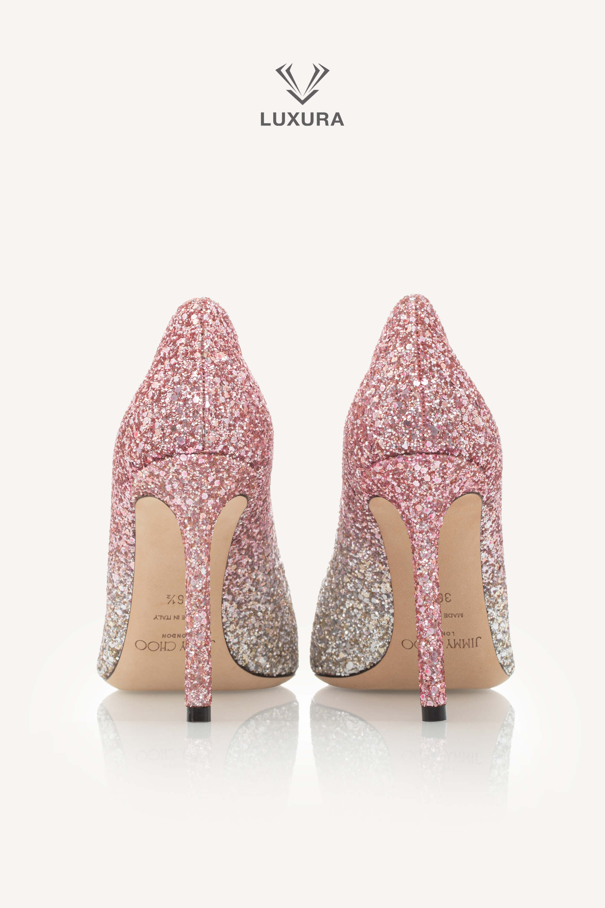 <span style="font-size: 10px;letter-spacing: .15em">HARD TO FIND</span><br> <strong>JIMMY CHOO</strong><br> <div style="margin-top:10px;font-size:16px">Romy 100 Glitter Embellished Pumps Platinum-Flamingo 36.5</div><br> - Image 7