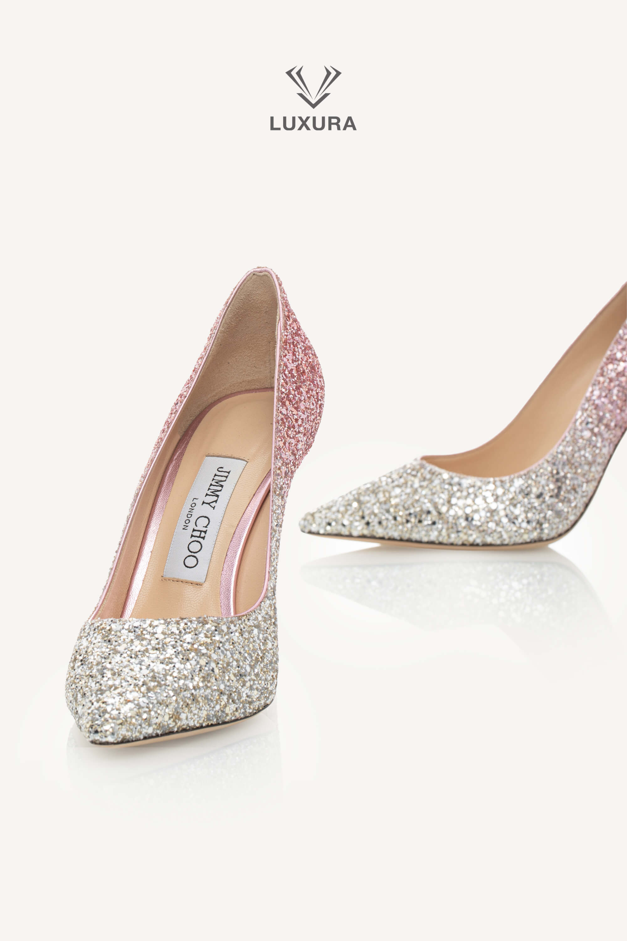 <span style="font-size: 10px;letter-spacing: .15em">HARD TO FIND</span><br> <strong>JIMMY CHOO</strong><br> <div style="margin-top:10px;font-size:16px">Romy 100 Glitter Embellished Pumps Platinum-Flamingo 36.5</div><br> - Image 3