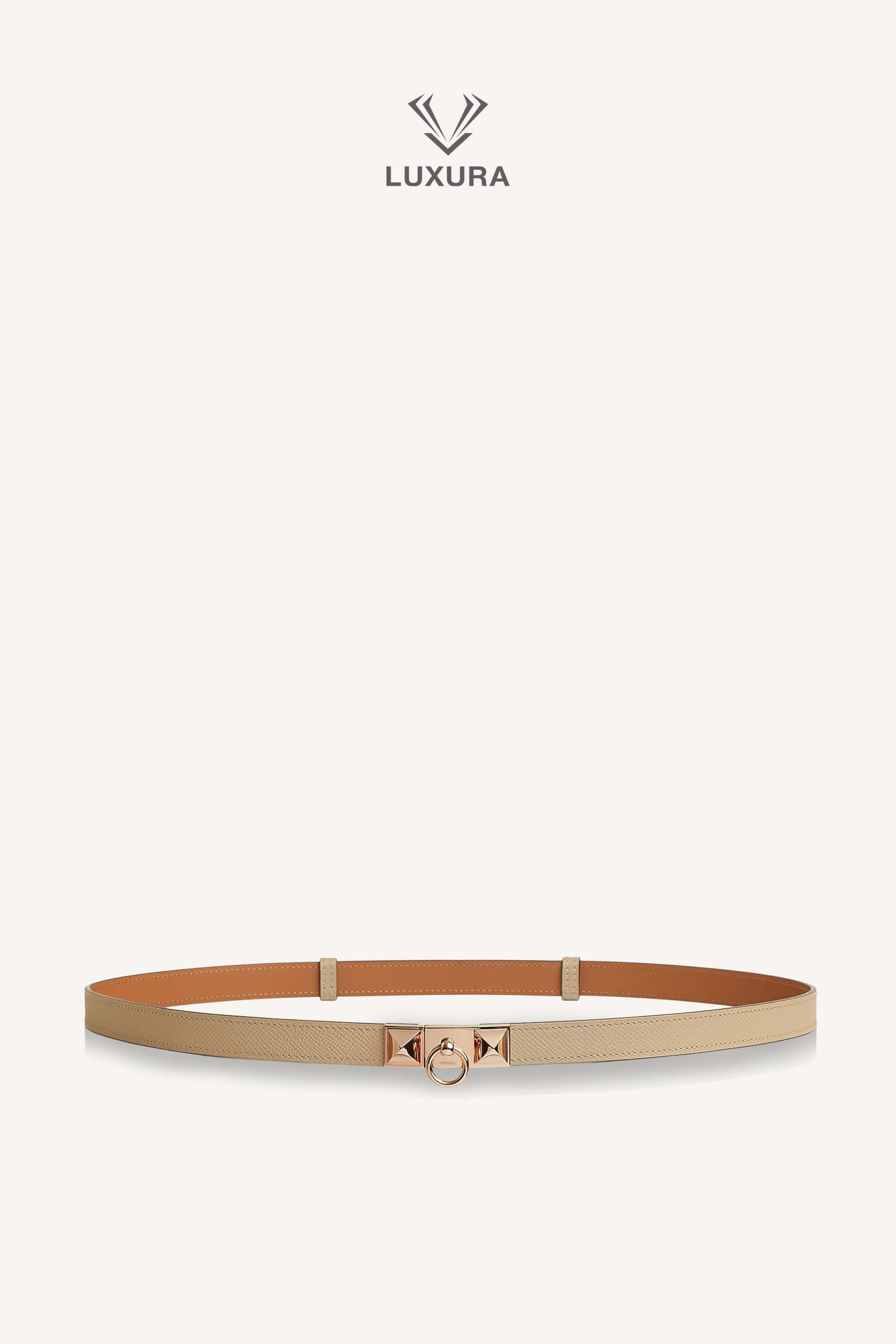 <span style="font-size: 10px;letter-spacing: .15em">HARD TO FIND</span><br> <strong>HERMES</strong><br> <div style="margin-top:10px;font-size:16px">Rivale Belt Trench with Rose Gold Finish Gold Adjustable size from 55 cm to 100 cm</div><br>