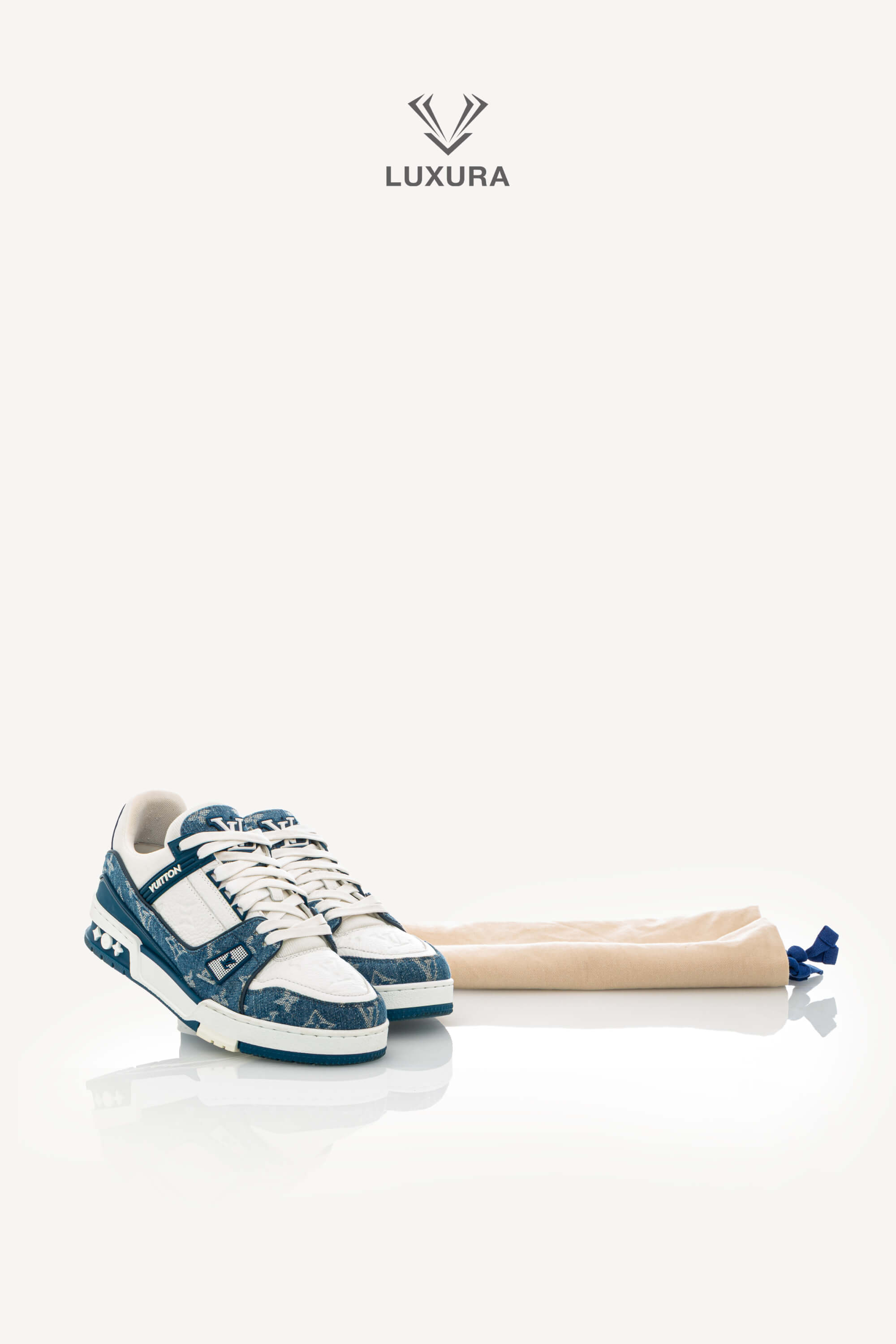 <span style="font-size: 10px;letter-spacing: .15em">HARD TO FIND</span><br> <strong>LOUIS VUITTON</strong><br> <div style="margin-top:10px;font-size:16px">Calfskin Embossed Monogram Denim Trainer Sneakers Blue 1A9JGQ 39</div><br> - Image 2