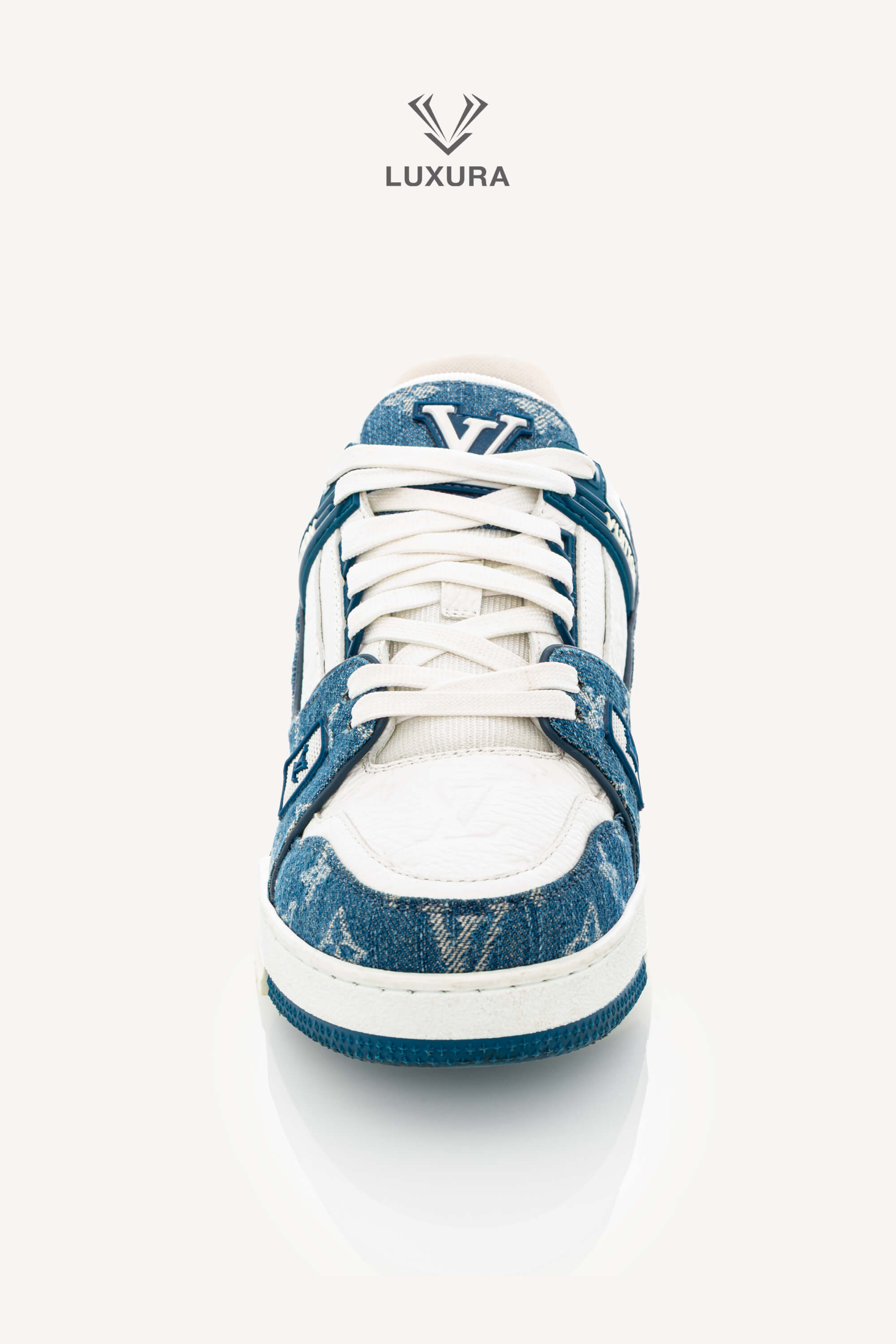 <span style="font-size: 10px;letter-spacing: .15em">HARD TO FIND</span><br> <strong>LOUIS VUITTON</strong><br> <div style="margin-top:10px;font-size:16px">Calfskin Embossed Monogram Denim Trainer Sneakers Blue 1A9JGQ 39</div><br> - Image 12