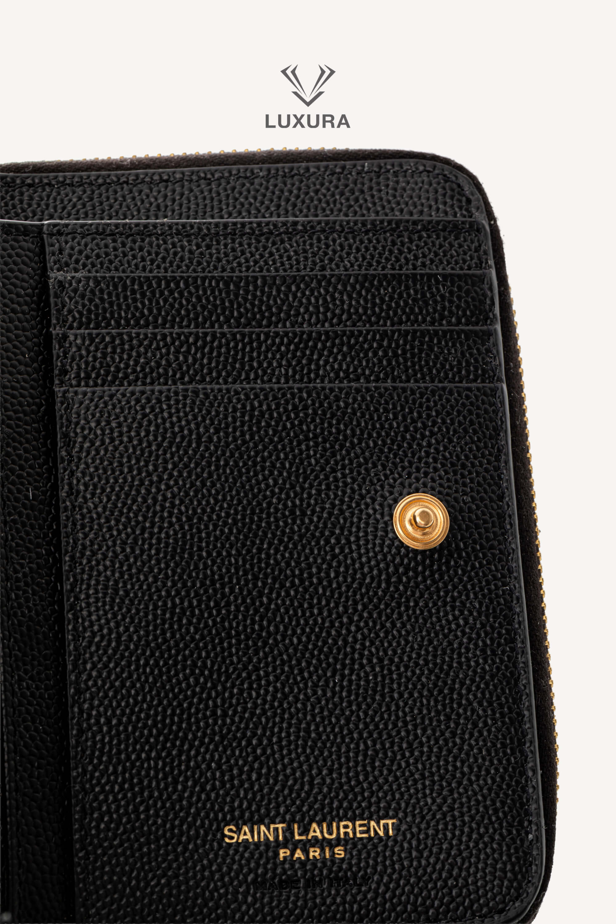 <span style="font-size: 10px;letter-spacing: .15em">BEST DEAL</span><br> <strong>SAINT LAURENT</strong><br> <div style="margin-top:10px;font-size:16px">Cassandre Matelasse Compact Zip Around Wallet in Grain de Poudre Leather Black</div><br> - Image 8