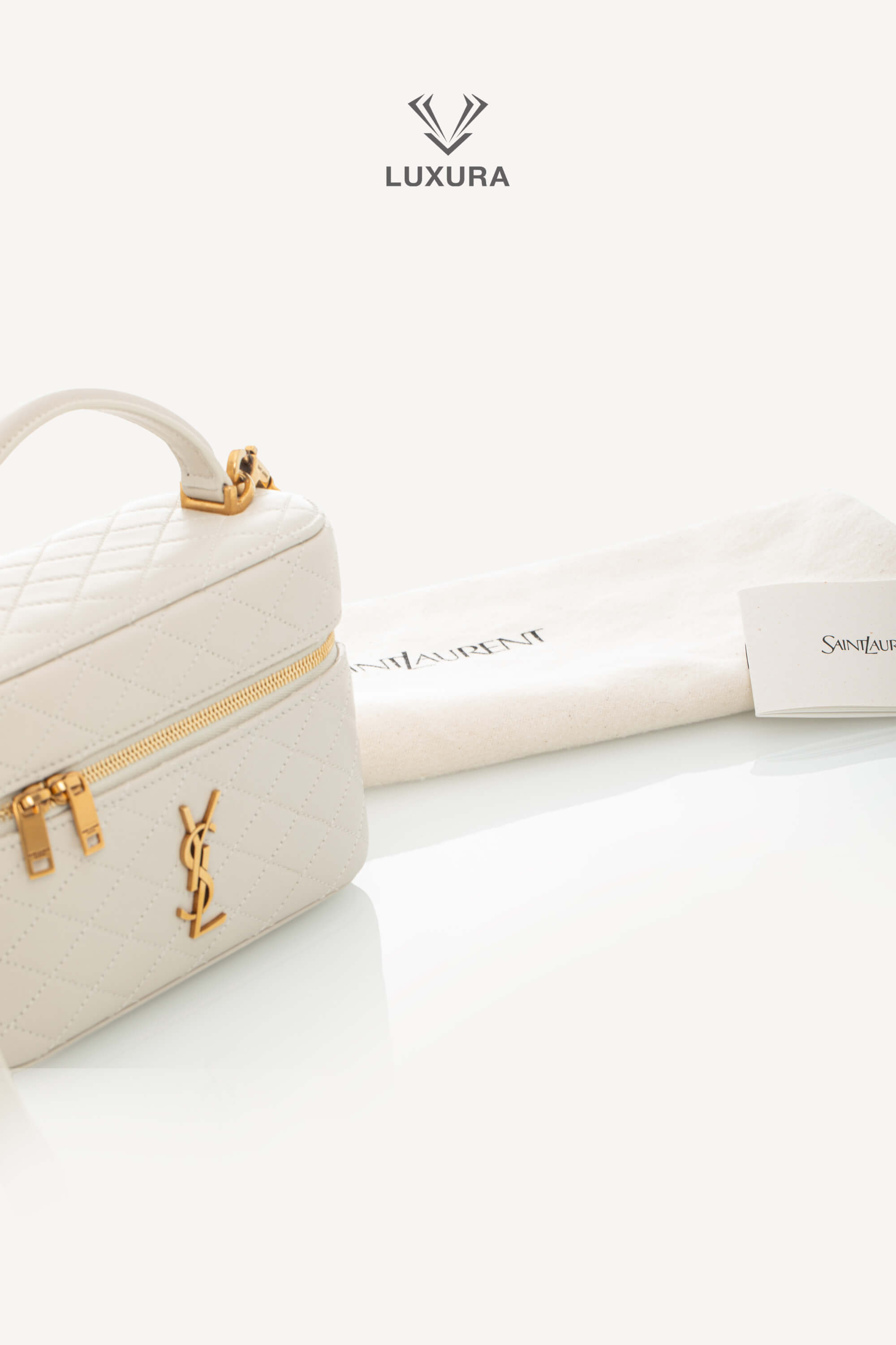 <span style="font-size: 10px;letter-spacing: .15em">NEW COLLECTION</span><br> <strong>SAINT LAURENT</strong><br> <div style="margin-top:10px;font-size:16px">Gaby Vanity Mini Quilted Leather Shoulder Bag Off-White</div><br> - Image 6