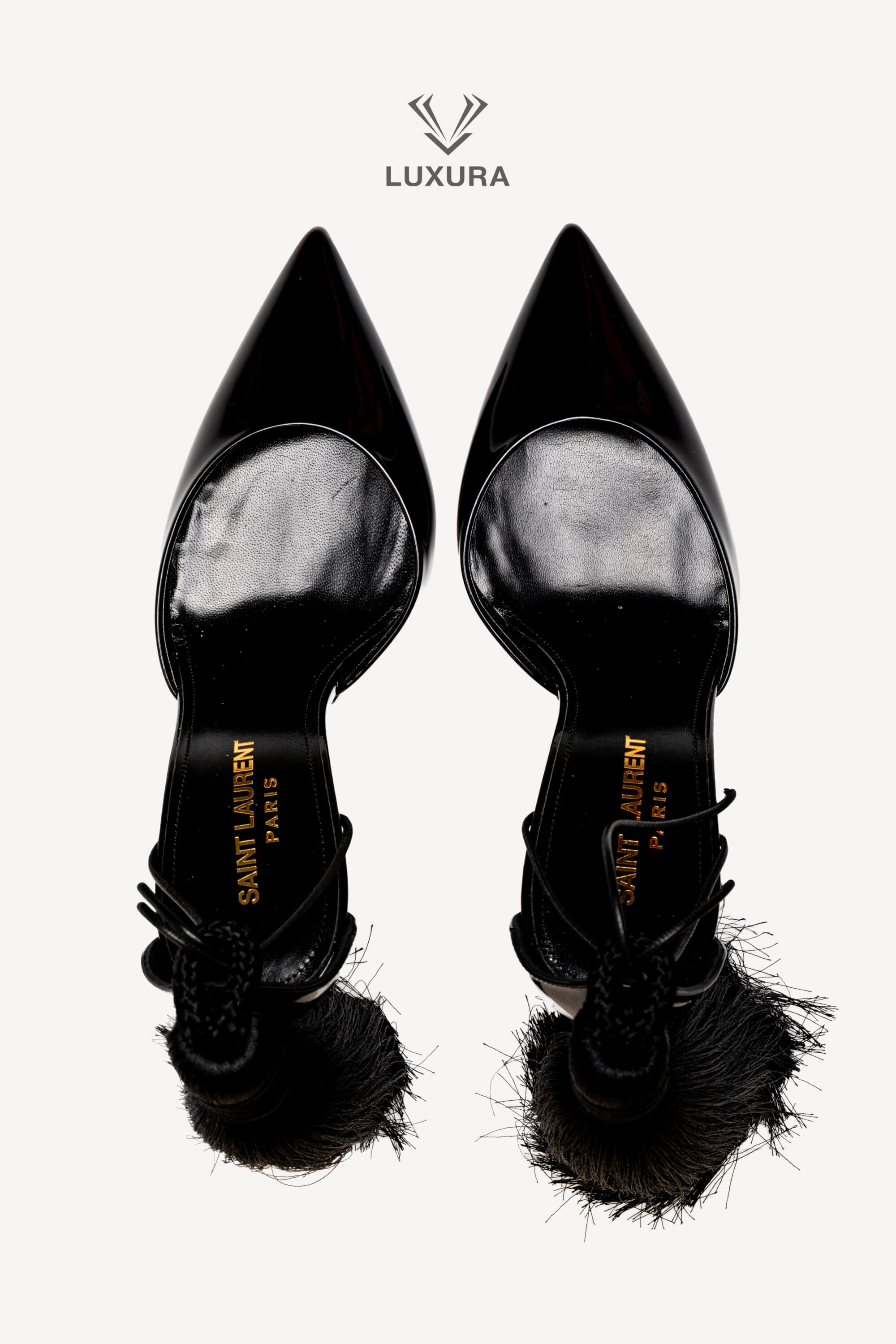 <span style="font-size: 10px;letter-spacing: .15em">HARD TO FIND</span><br>            <strong>SAINT LAURENT</strong><br>            <div style="margin-top:10px;font-size:16px">Patent Leather Zoe 105 Tassel Wrap Pumps Black 36</div><br> - Image 8