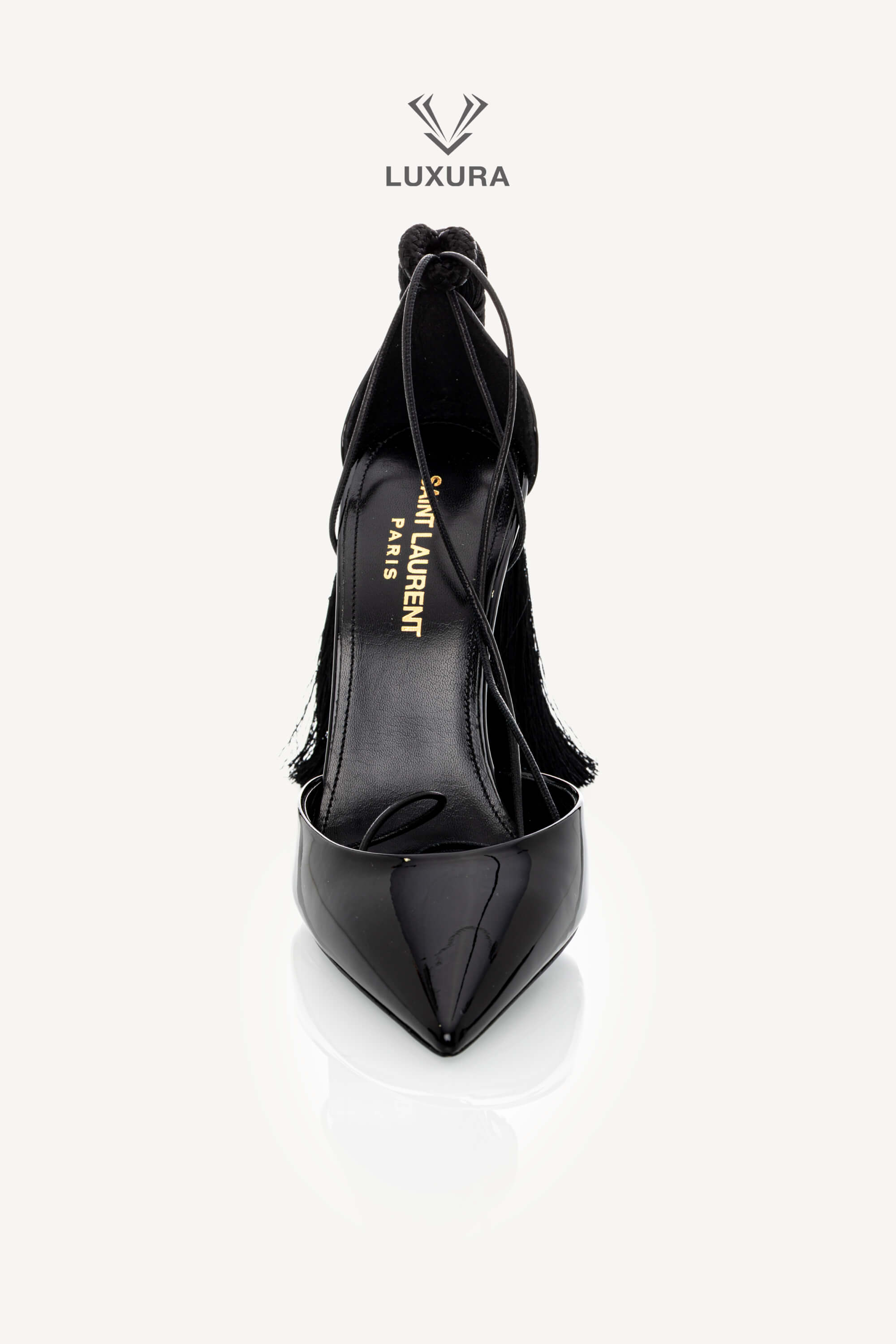 <span style="font-size: 10px;letter-spacing: .15em">HARD TO FIND</span><br>            <strong>SAINT LAURENT</strong><br>            <div style="margin-top:10px;font-size:16px">Patent Leather Zoe 105 Tassel Wrap Pumps Black 36</div><br> - Image 6