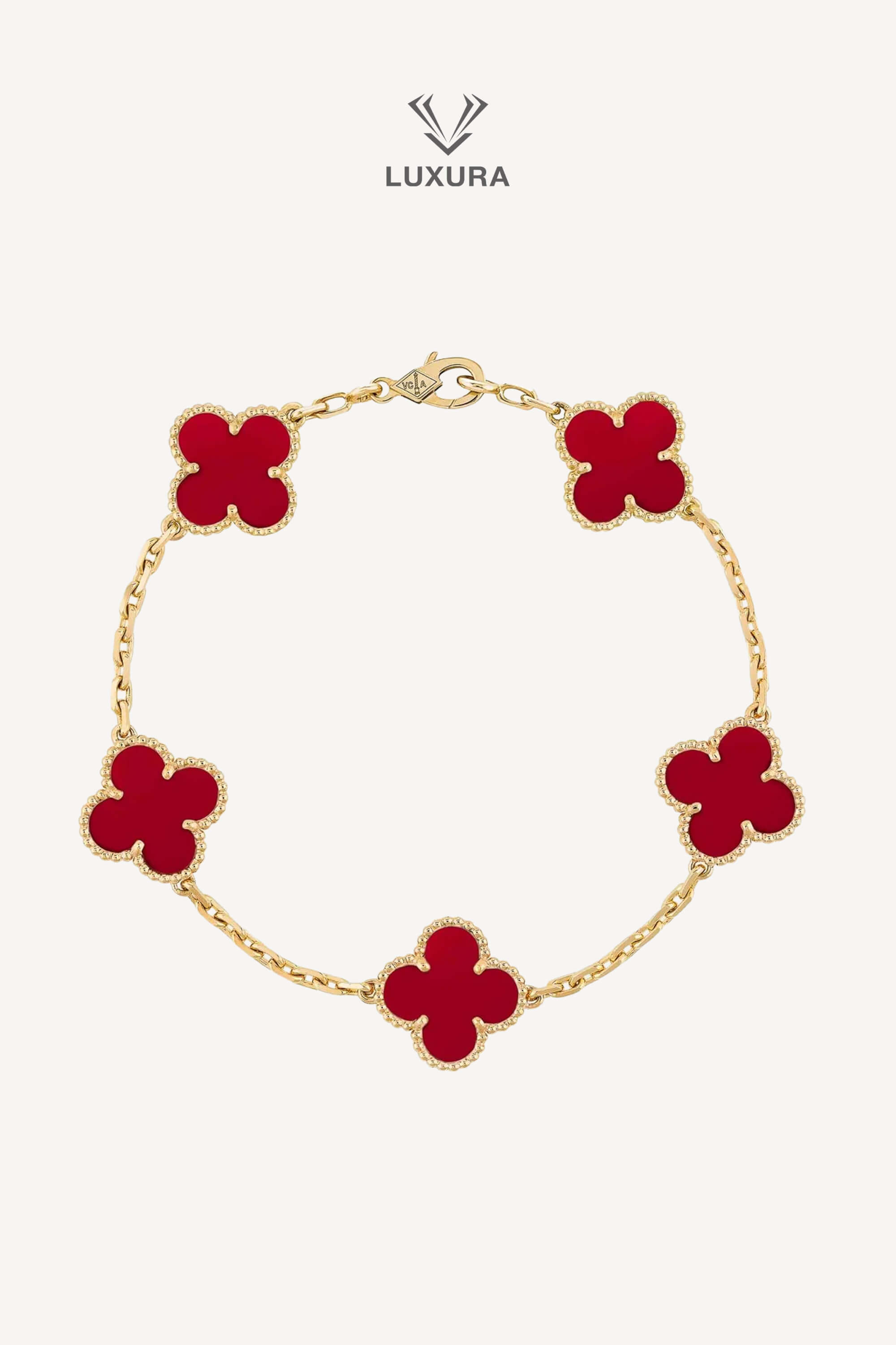 <span style="font-size: 10px;letter-spacing: .15em">HARD TO FIND</span><br> <strong>VAN CLEEF & ARPELS</strong><br> <div style="margin-top:10px;font-size:16px"> 18K Yellow Gold Carnelian Vintage Alhambra Bracelet 5 Motifs</div><br>