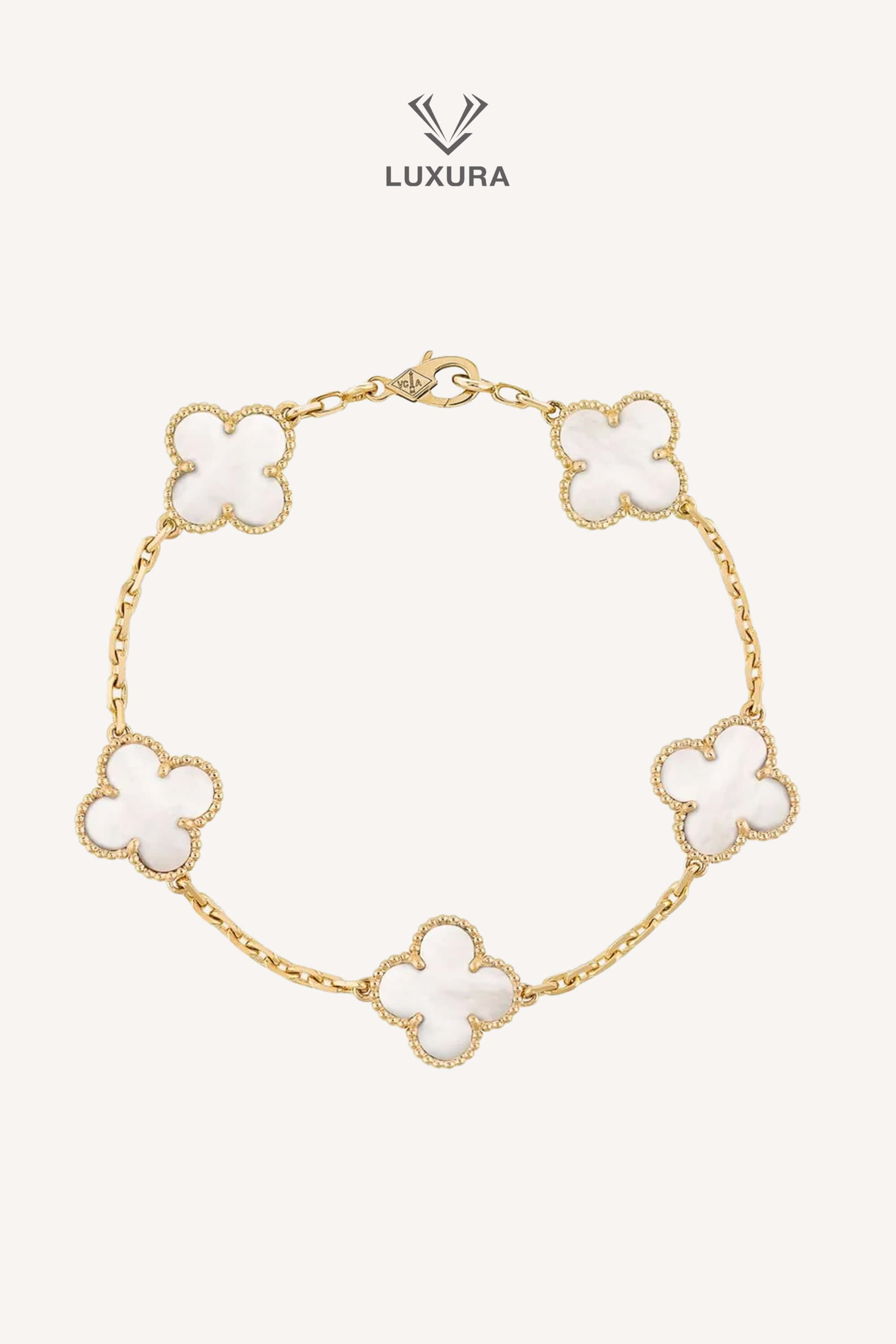 <span style="font-size: 10px;letter-spacing: .15em">HARD TO FIND</span><br> <strong>VAN CLEEF & ARPELS</strong><br> <div style="margin-top:10px;font-size:16px">18K Yellow Gold Mother of Pearl Vintage Alhambra Bracelet 5 Motifs</div><br>