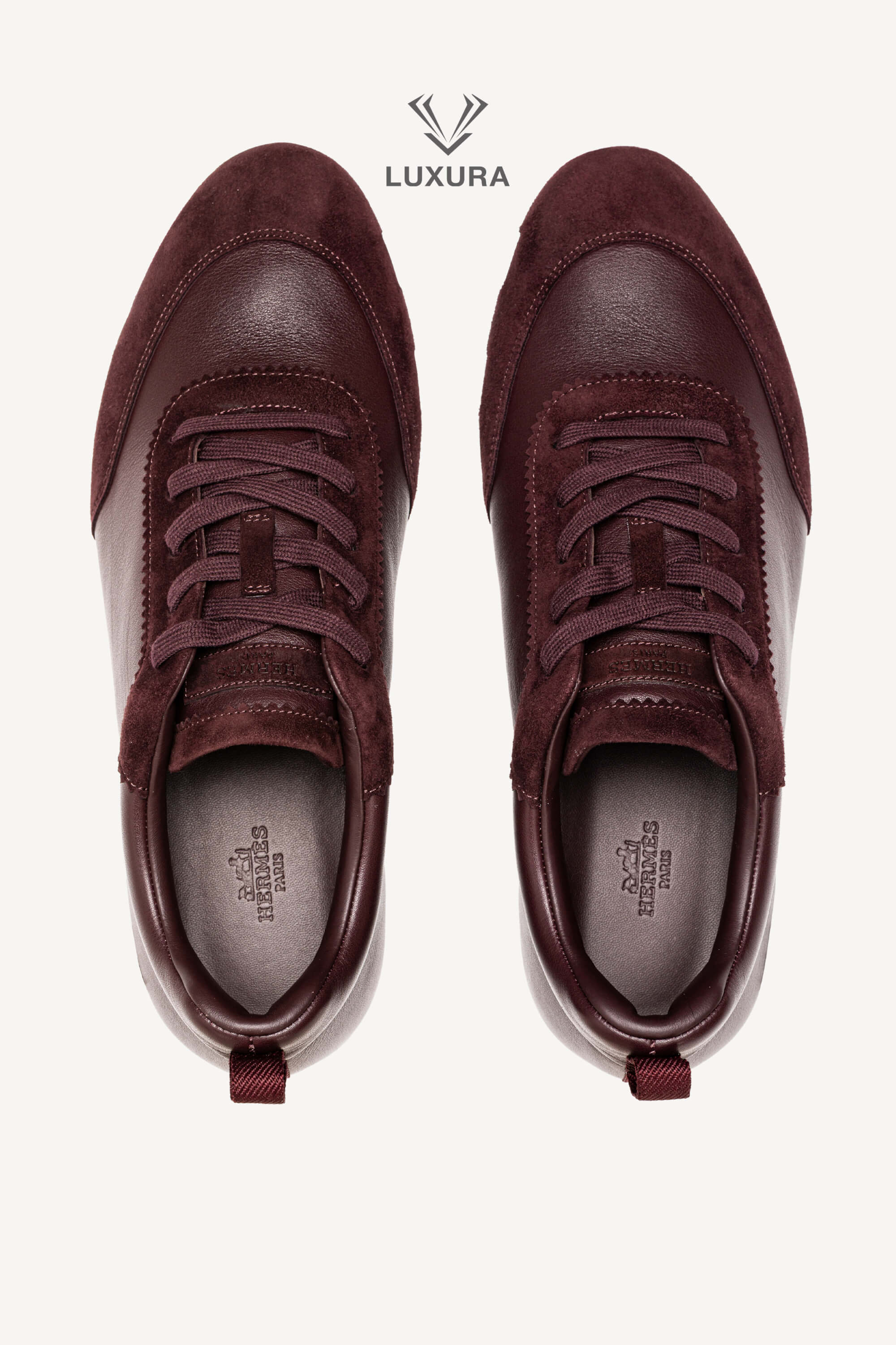 <span style="font-size: 10px;letter-spacing: .15em">HARD TO FIND</span><br>            <strong>HERMES</strong><br>            <div style="margin-top:10px;font-size:16px">Bouncing Sneaker in Calfskin and Suede Goatskin Bordeaux 42</div><br> - Image 9
