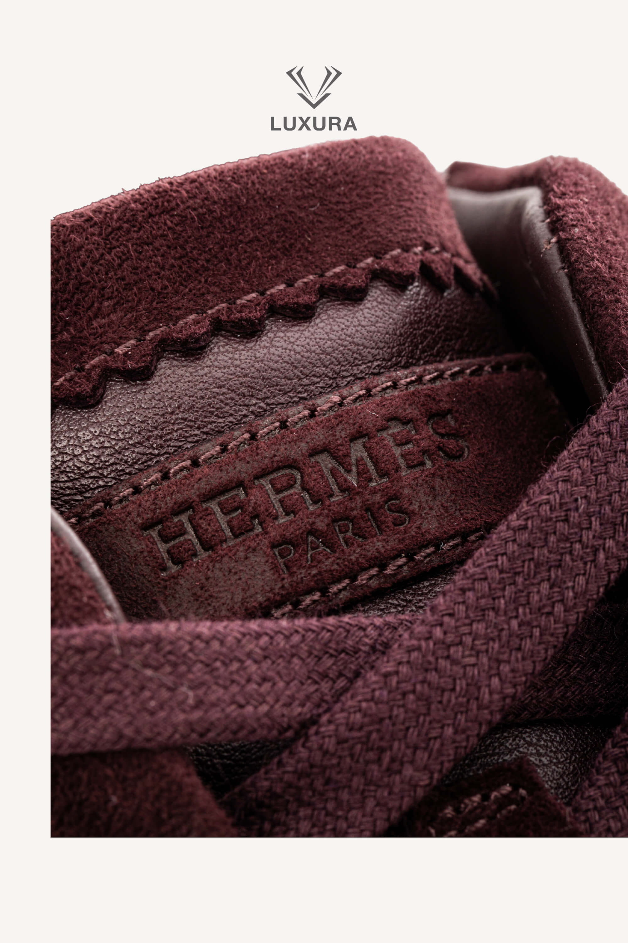 <span style="font-size: 10px;letter-spacing: .15em">HARD TO FIND</span><br>            <strong>HERMES</strong><br>            <div style="margin-top:10px;font-size:16px">Bouncing Sneaker in Calfskin and Suede Goatskin Bordeaux 42</div><br> - Image 16