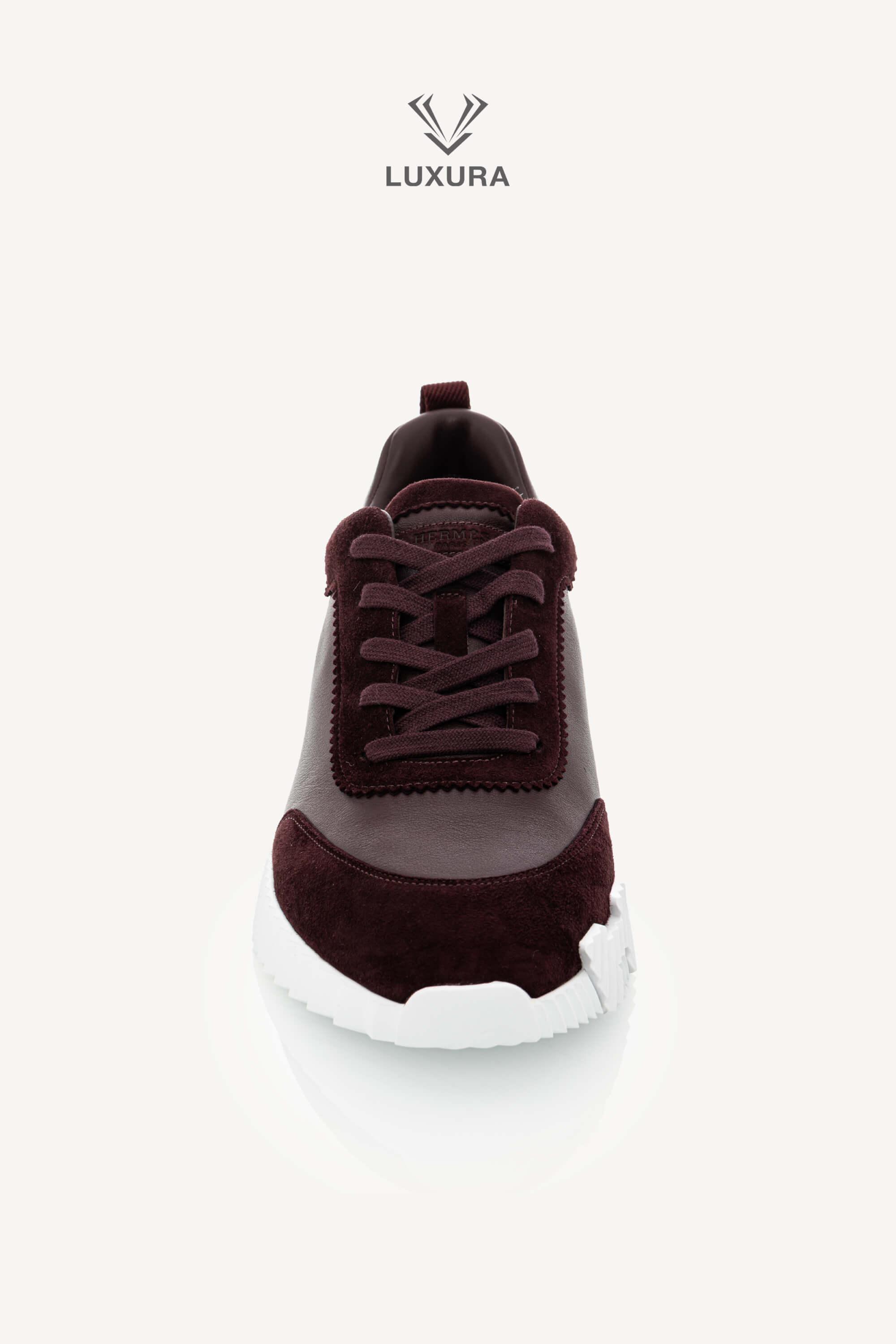 <span style="font-size: 10px;letter-spacing: .15em">HARD TO FIND</span><br>            <strong>HERMES</strong><br>            <div style="margin-top:10px;font-size:16px">Bouncing Sneaker in Calfskin and Suede Goatskin Bordeaux 42</div><br> - Image 7