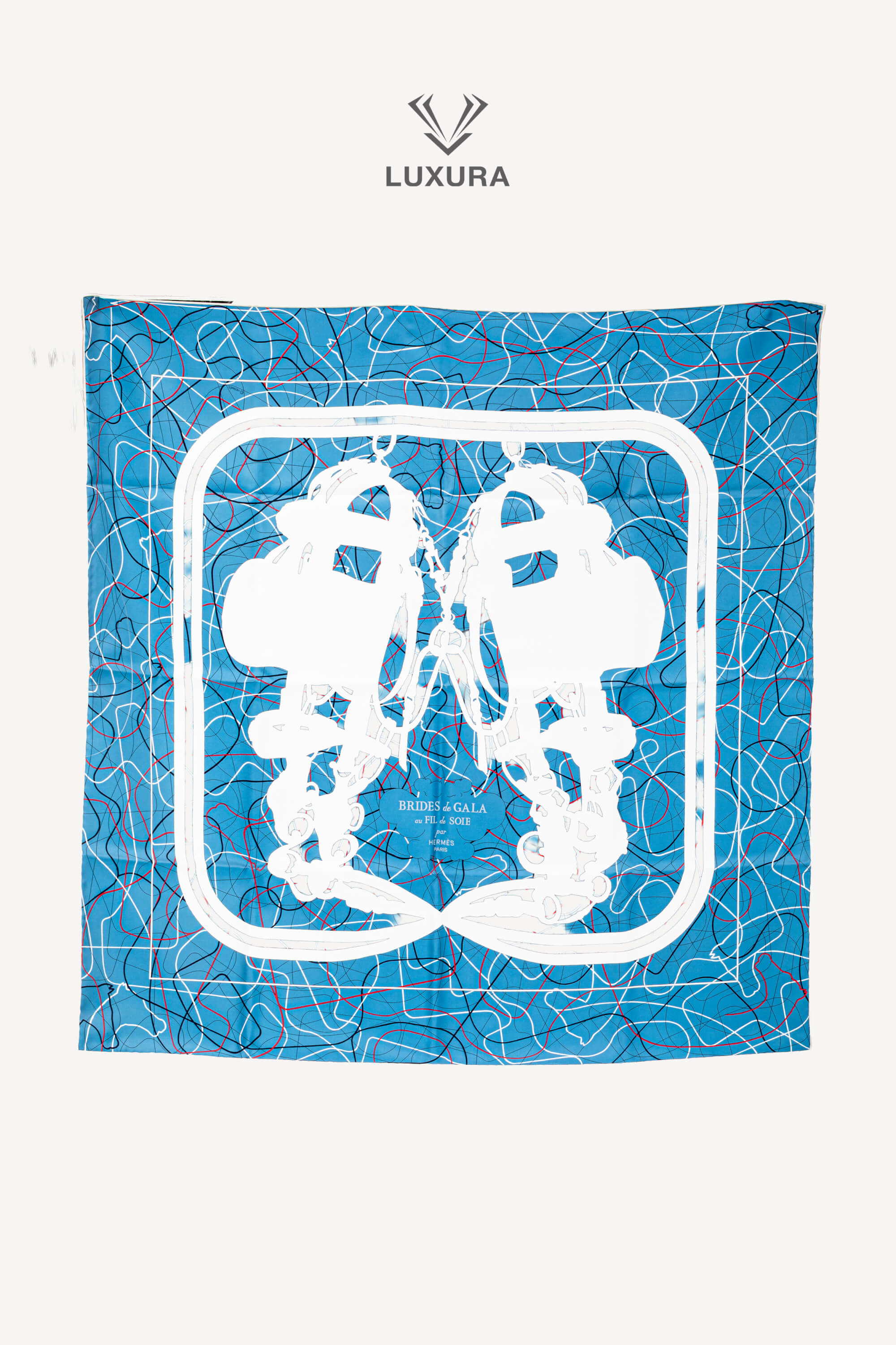 <span style="font-size: 10px;letter-spacing: .15em">HARD TO FIND</span><br> <strong>HERMES</strong><br> <div style="margin-top:10px;font-size:16px">Brides de Gala au Fil de Soie Scarf 90 Bleu Jean Blanc Corail</div><br>